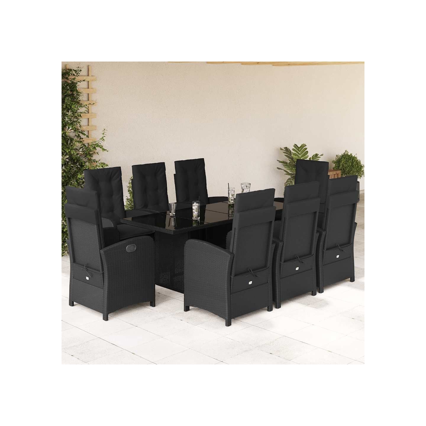 Ensemble à manger de jardin 9pcs coussins noir résine tressée