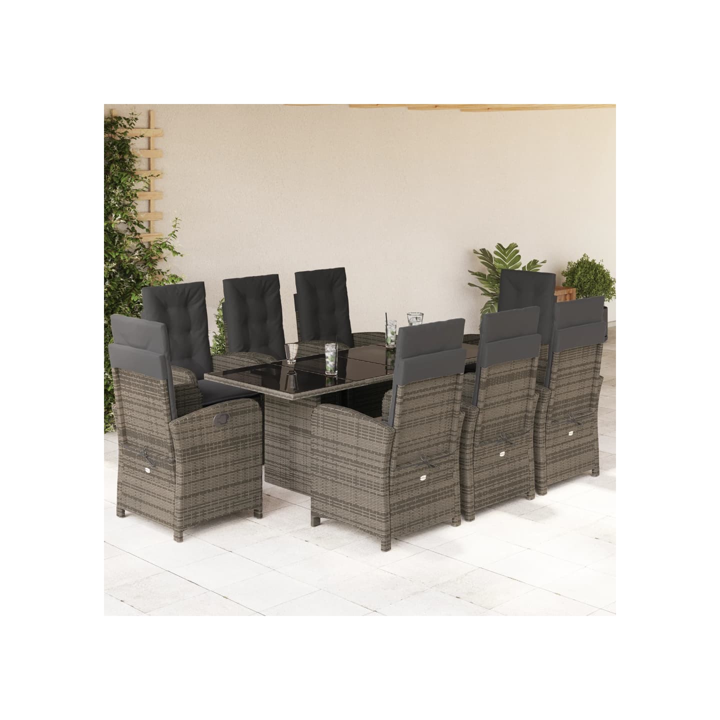 Ensemble à manger de jardin 9 pcs coussins gris résine tressée