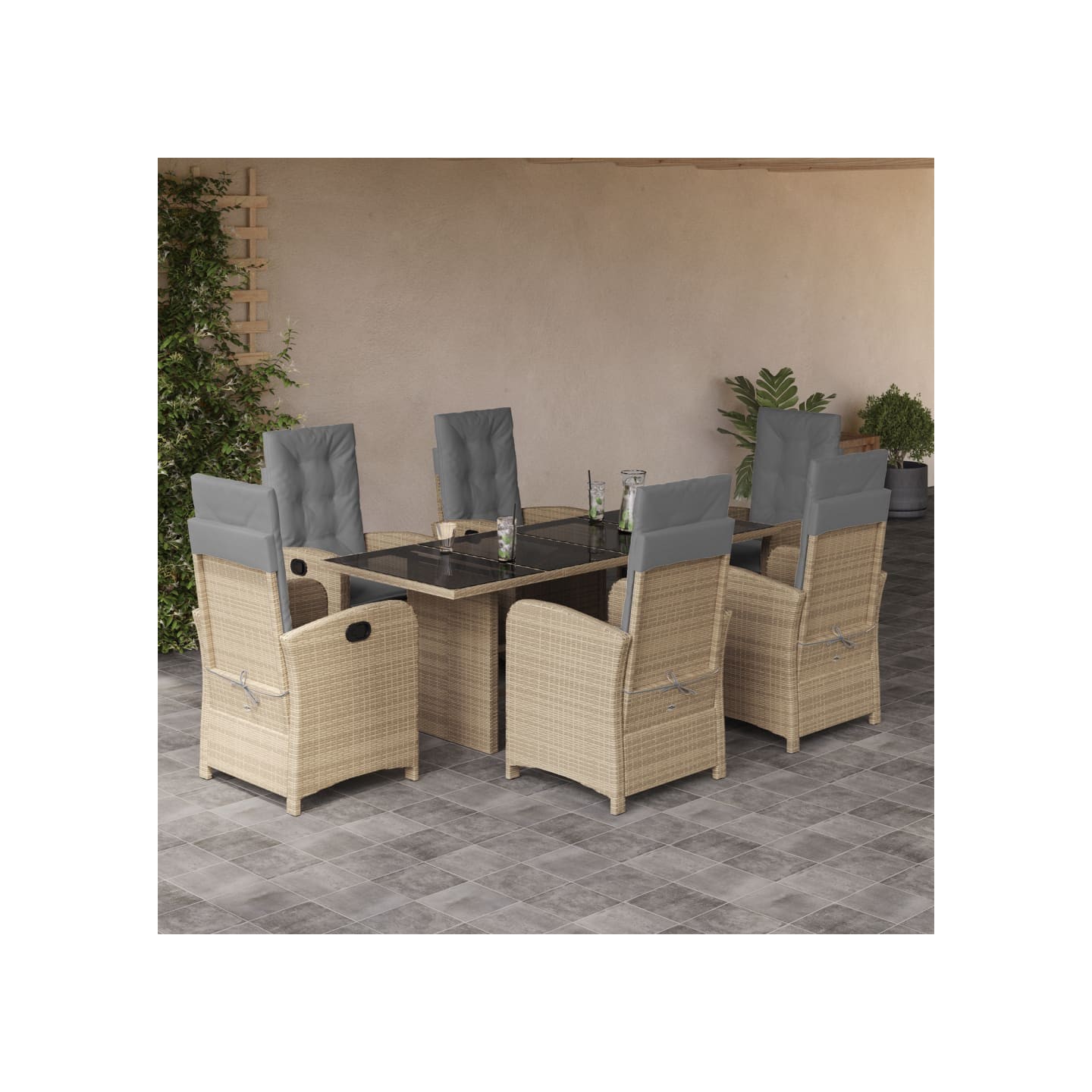 Ensemble à manger de jardin coussins 7 pcs mélange beige rotin