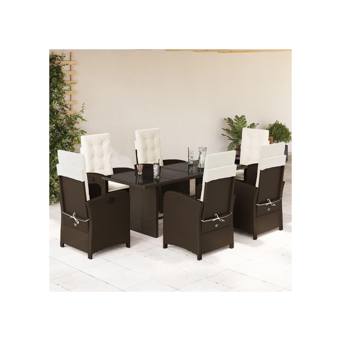 Ensemble à manger de jardin et coussins 7 pcs marron rotin