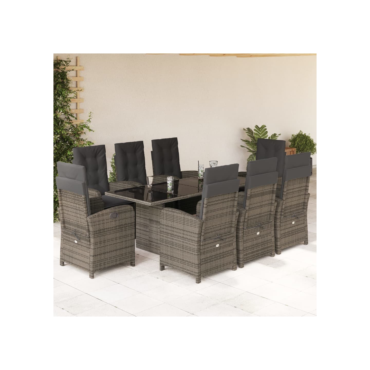 Ensemble à manger de jardin 9 pcs coussins gris résine tressée