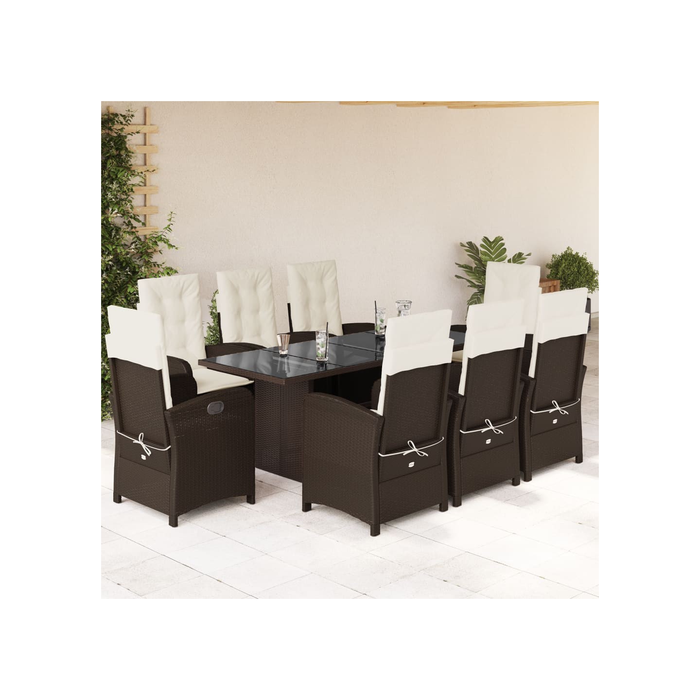 Ensemble à manger de jardin et coussins 9 pcs marron poly rotin