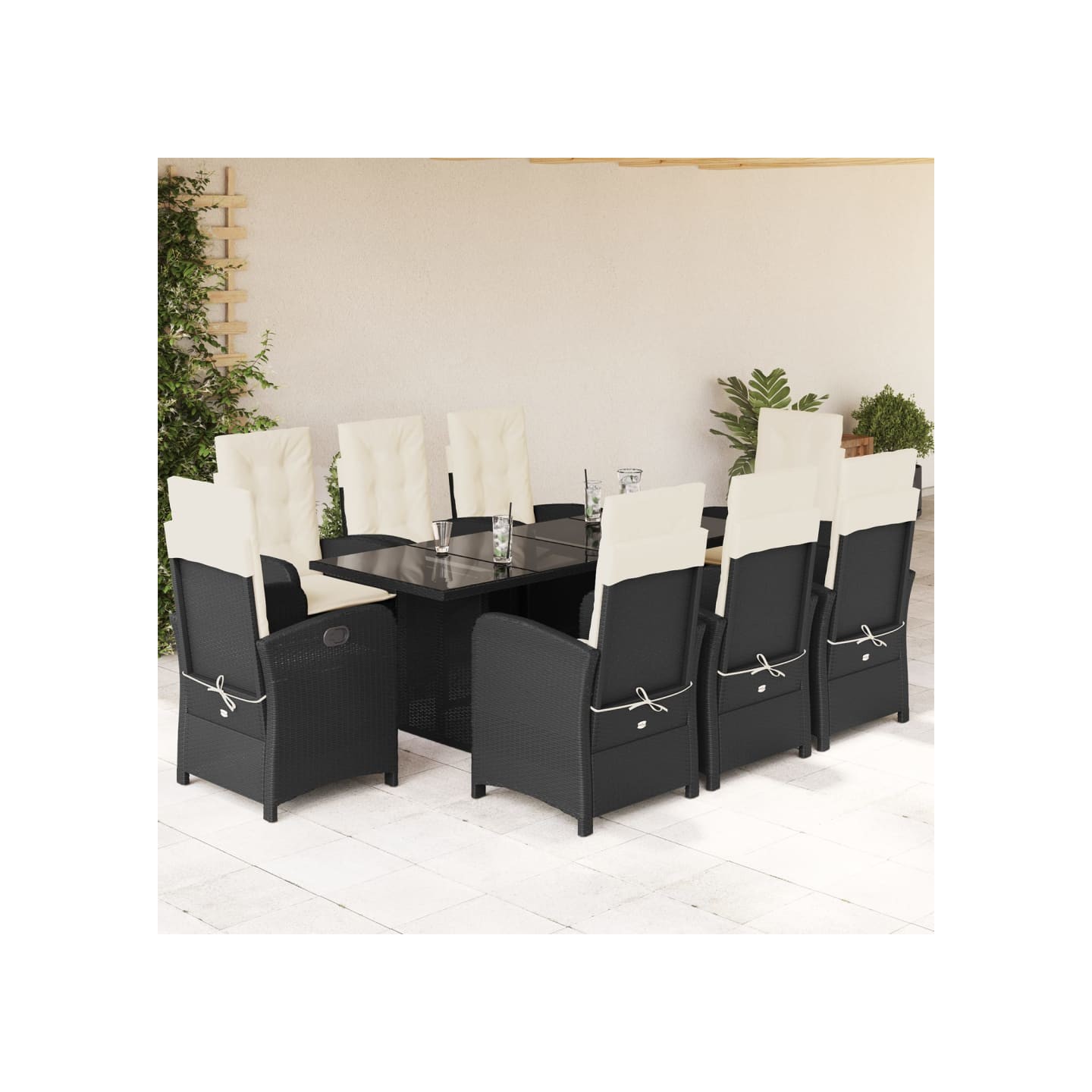 Ensemble à manger de jardin 9pcs coussins noir résine tressée