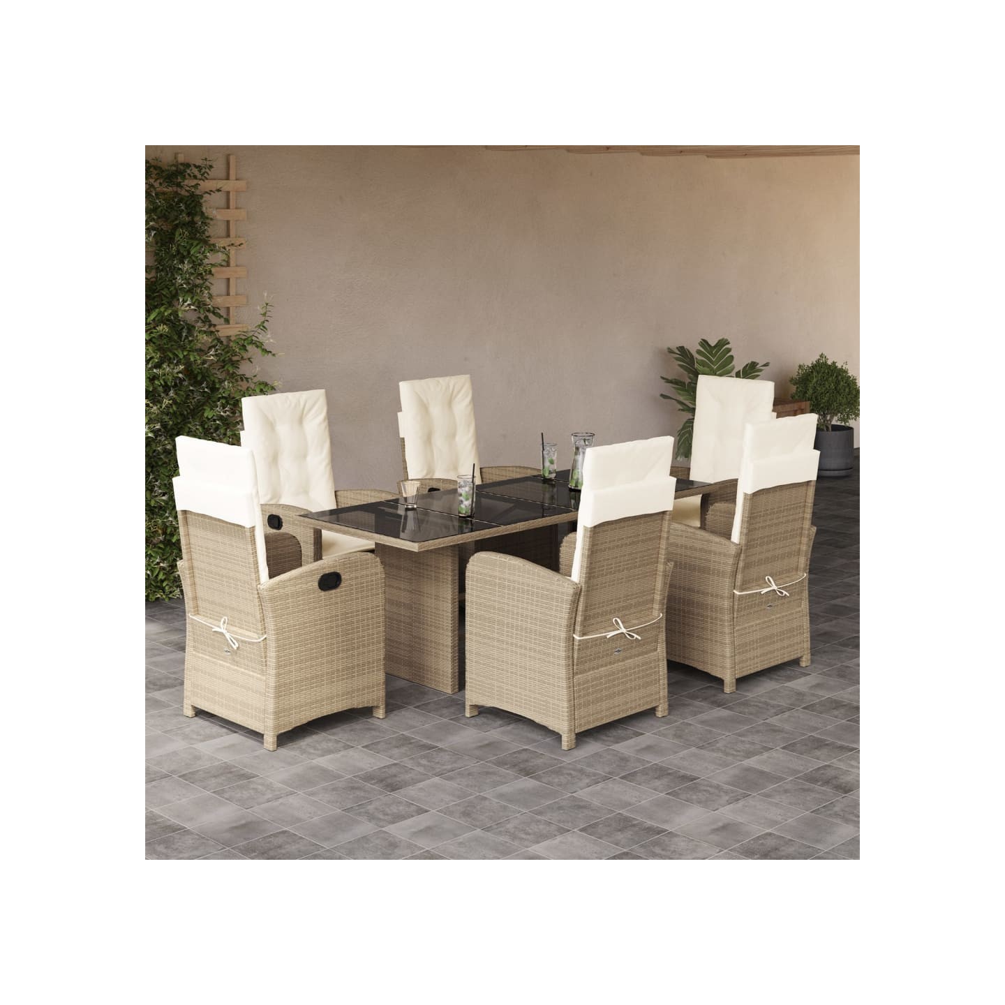 Ensemble à manger de jardin et coussins 7 pcs beige poly rotin