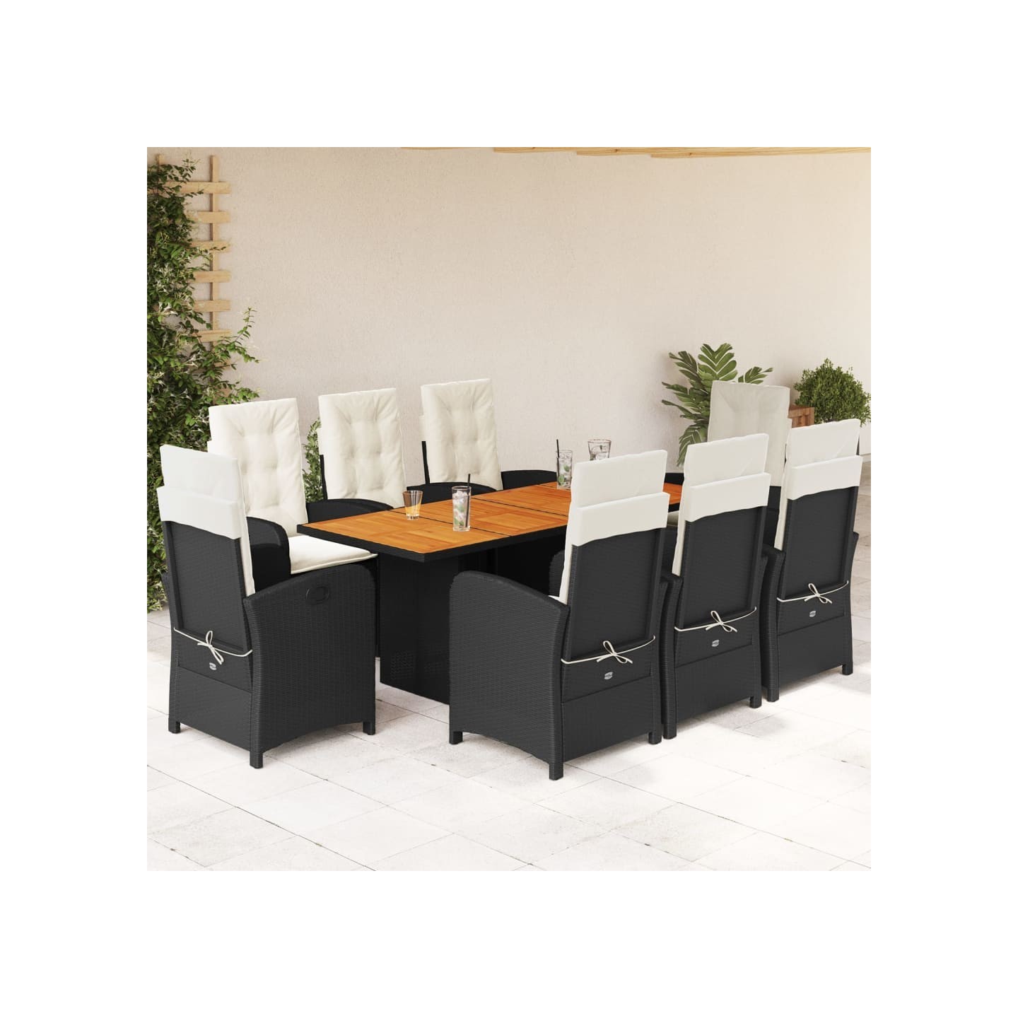 Ensemble à manger de jardin 9pcs coussins noir résine tressée