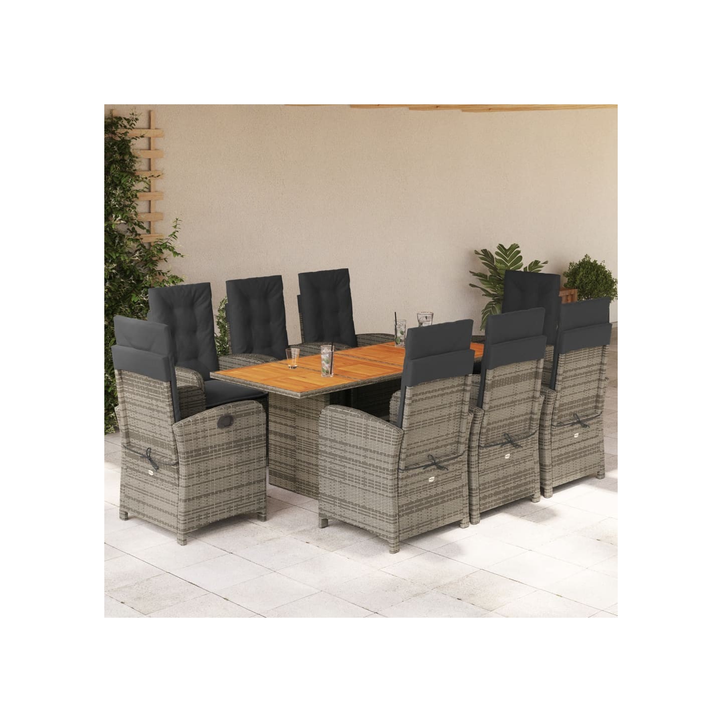 Ensemble à manger de jardin 9 pcs coussins gris résine tressée
