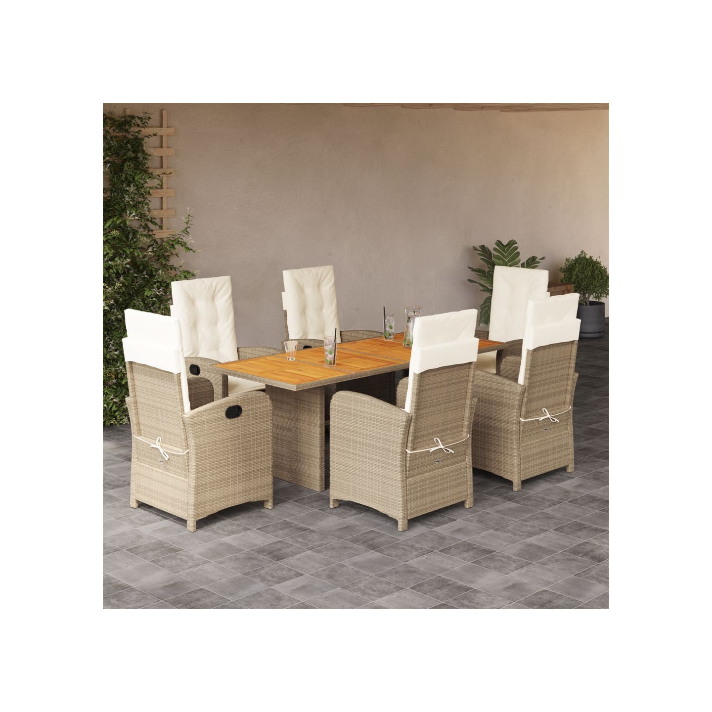 Ensemble à manger de jardin coussins 7 pcs mélange beige rotin
