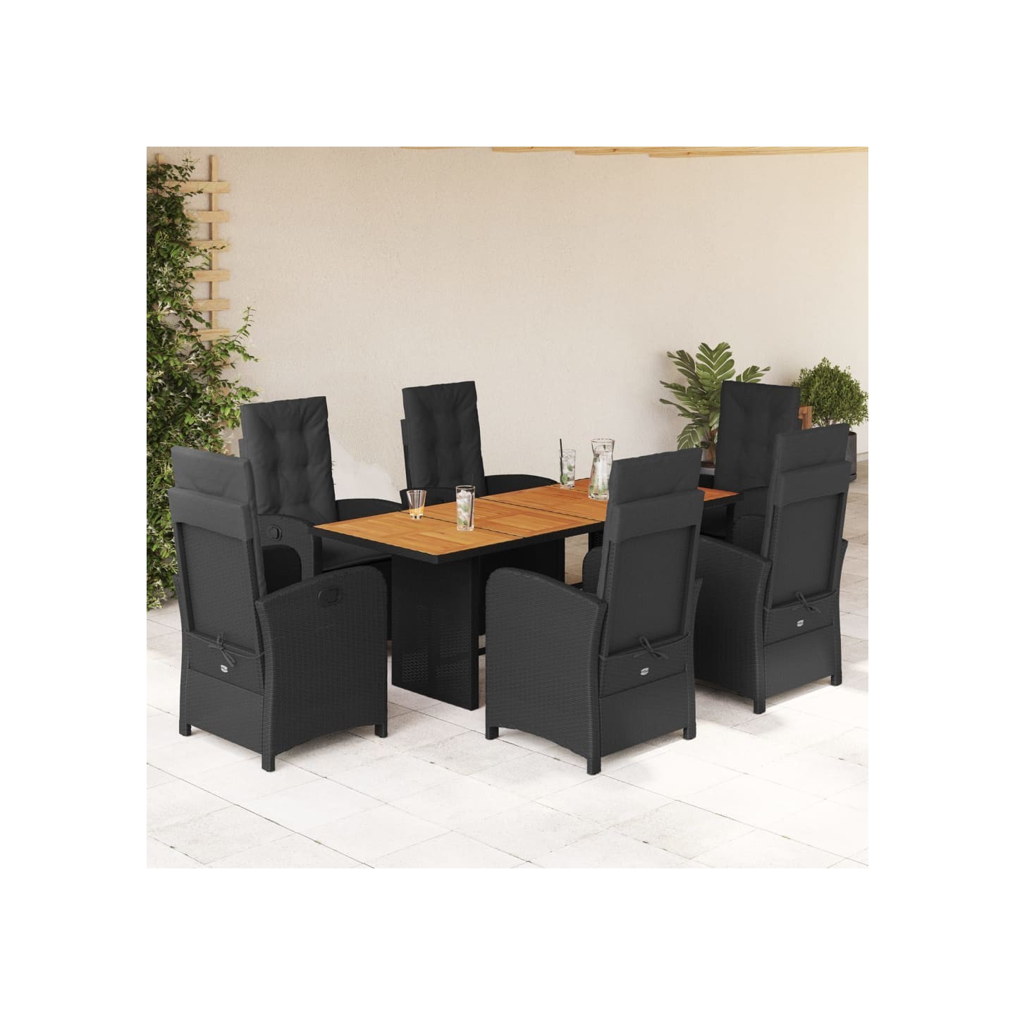 Ensemble à manger de jardin coussins 7pcs Noir Résine tressée
