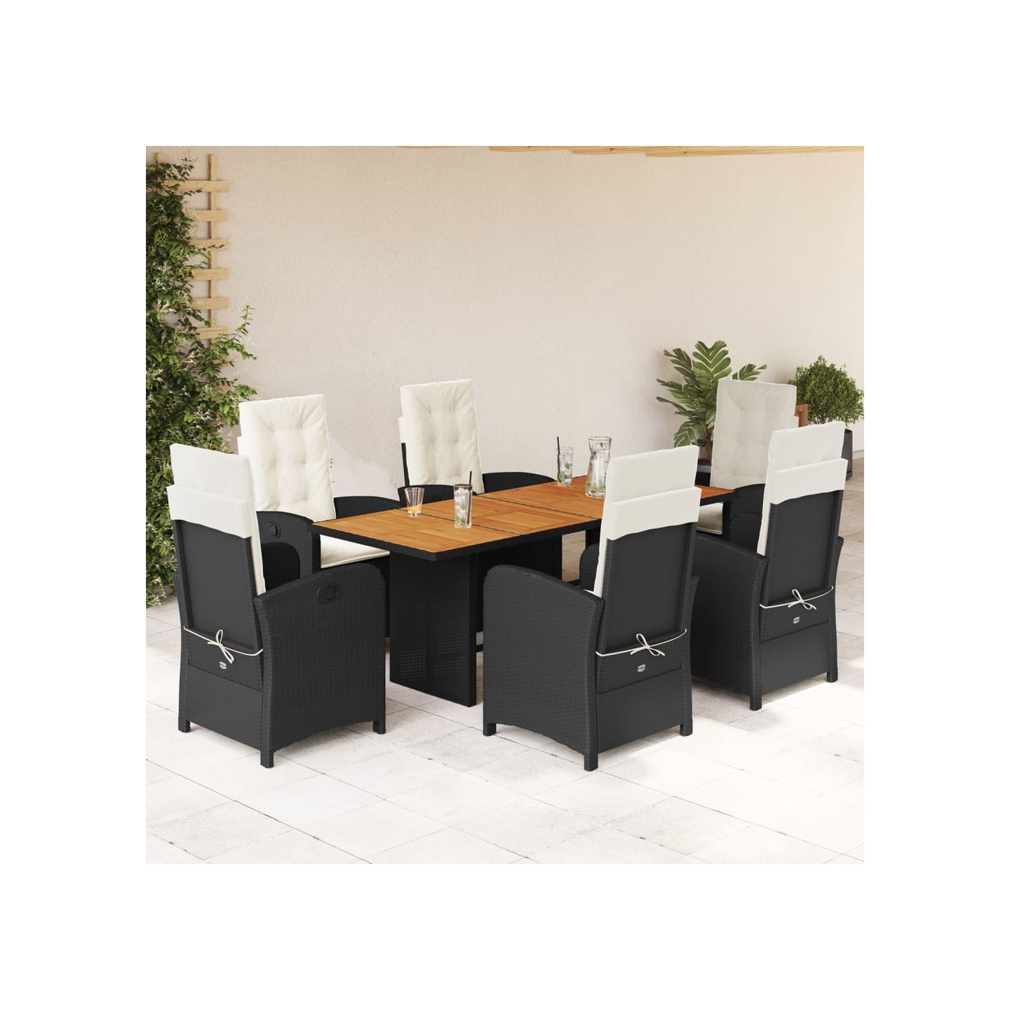 Ensemble à manger de jardin coussins 7pcs Noir Résine tressée