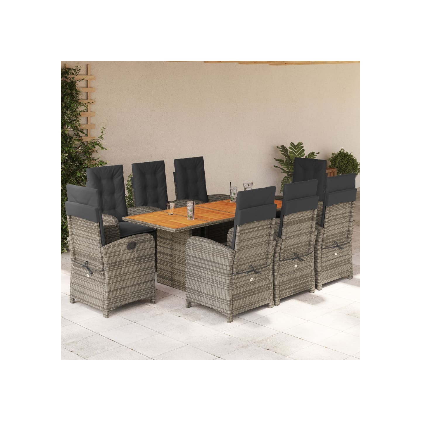 Ensemble à manger de jardin 9 pcs coussins gris résine tressée
