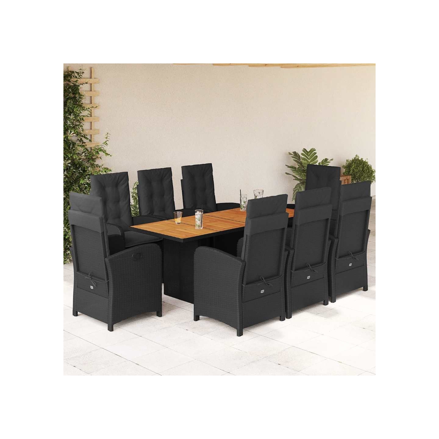 Ensemble à manger de jardin 9pcs coussins noir résine tressée