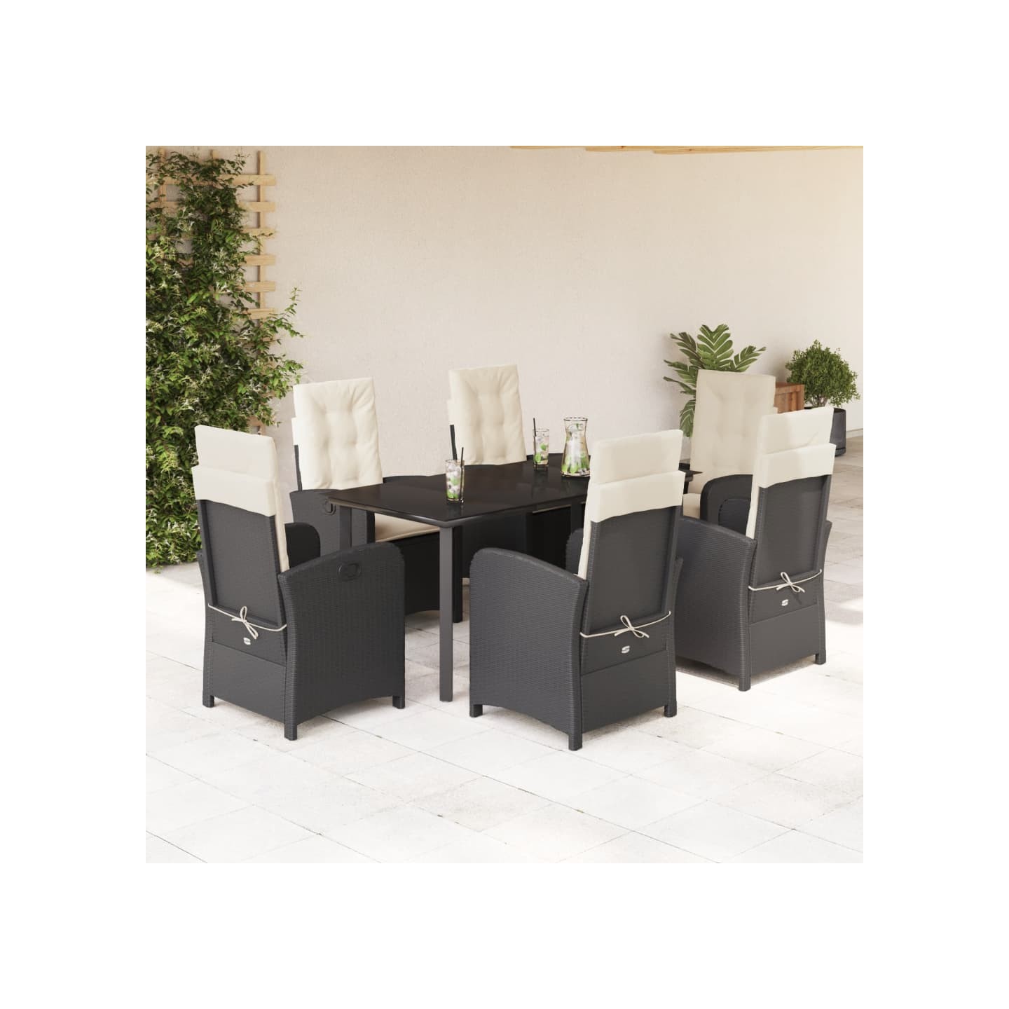 Ensemble à manger de jardin coussins 7pcs Noir Résine tressée
