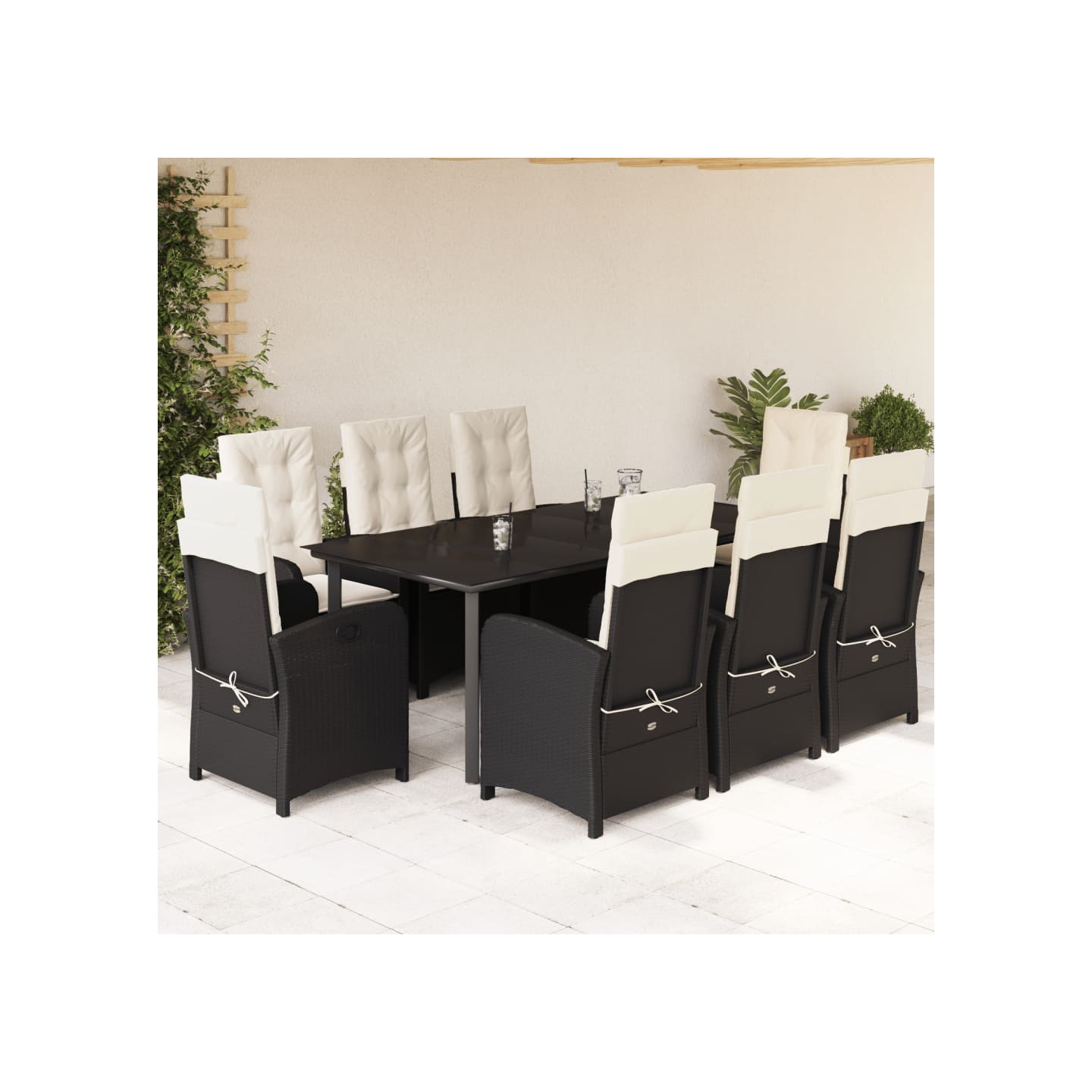 Ensemble à manger de jardin 9pcs coussins noir résine tressée