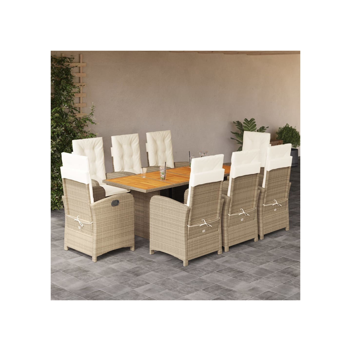 Ensemble à manger de jardin et coussins 9 pcs beige Poly rotin
