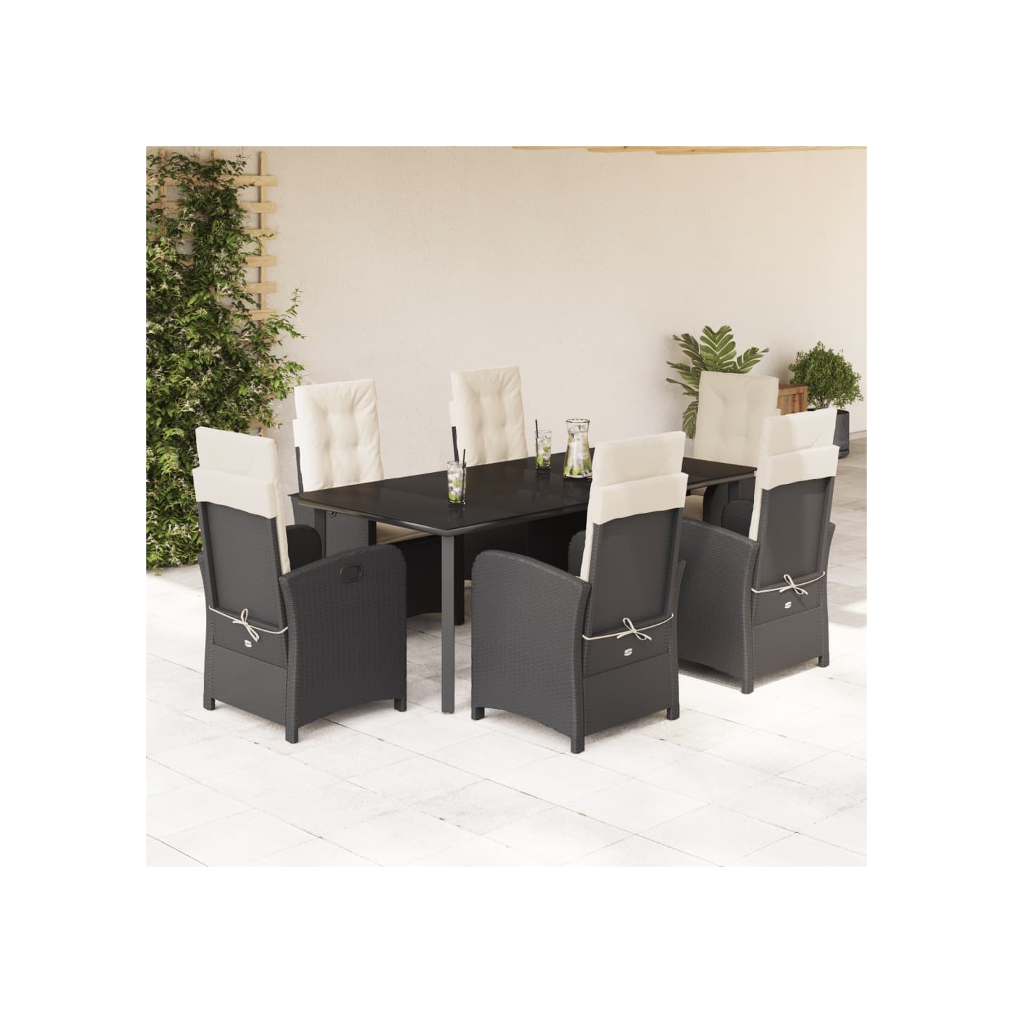 Ensemble à manger de jardin coussins 7pcs Noir Résine tressée