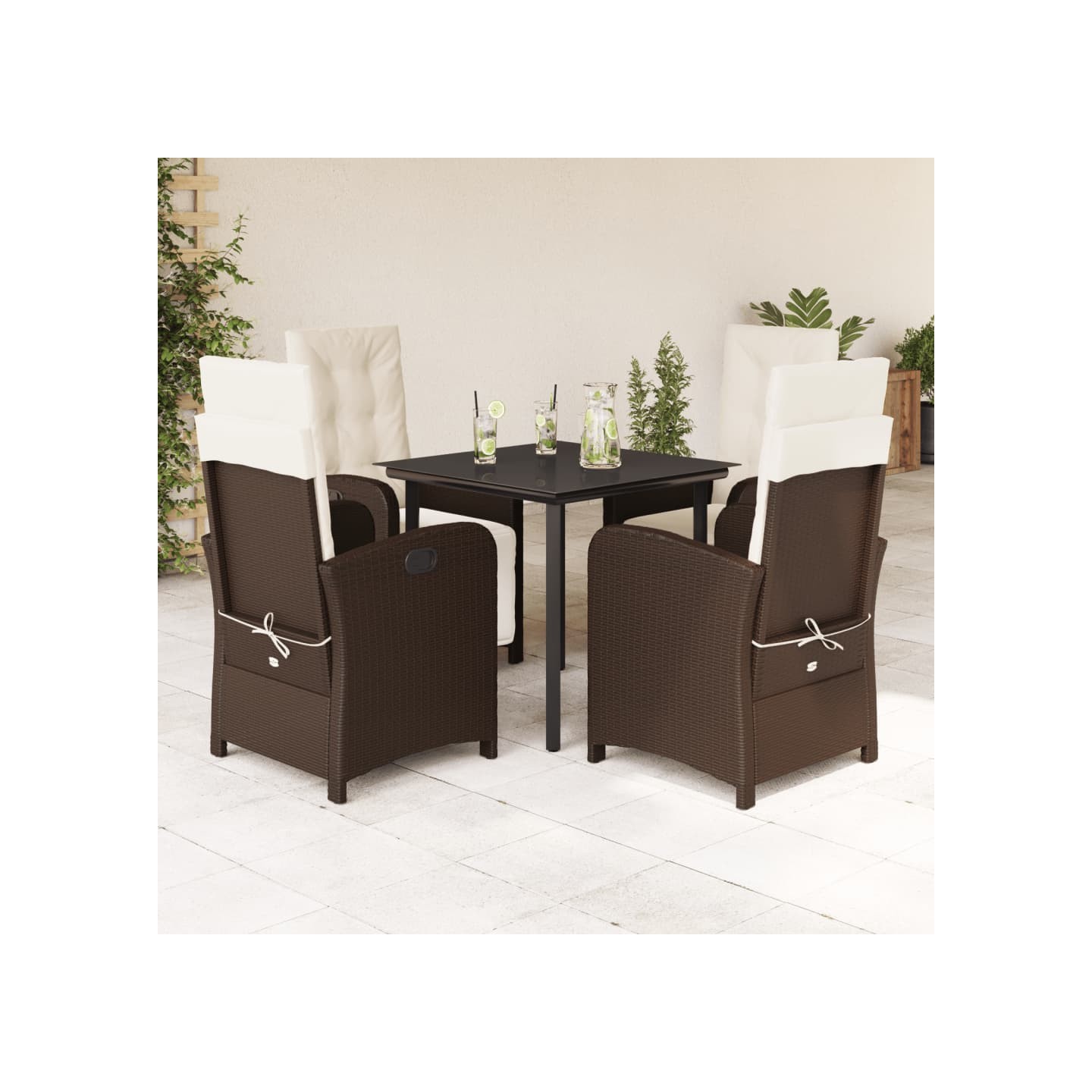 Ensemble à manger de jardin 5 pcs et coussins marron poly rotin
