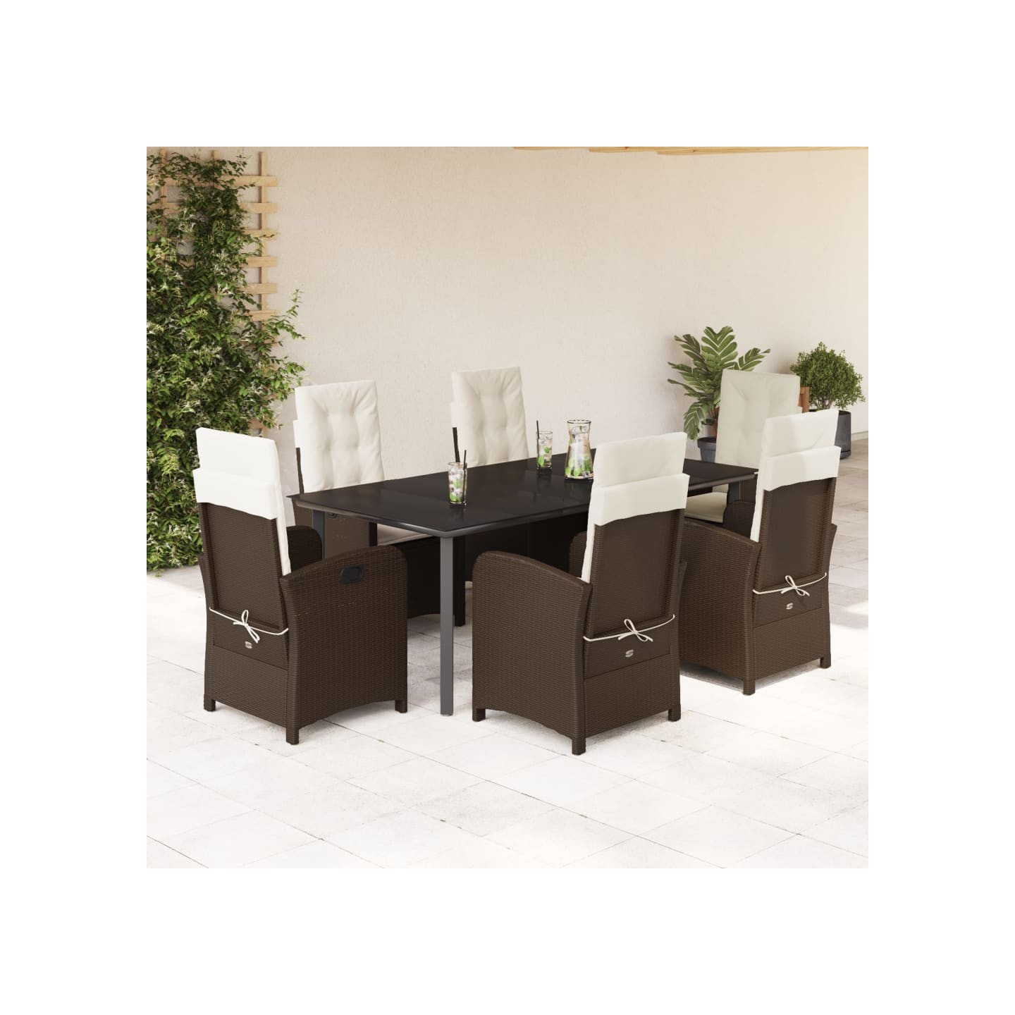 Ensemble à manger de jardin et coussins 7 pcs marron rotin