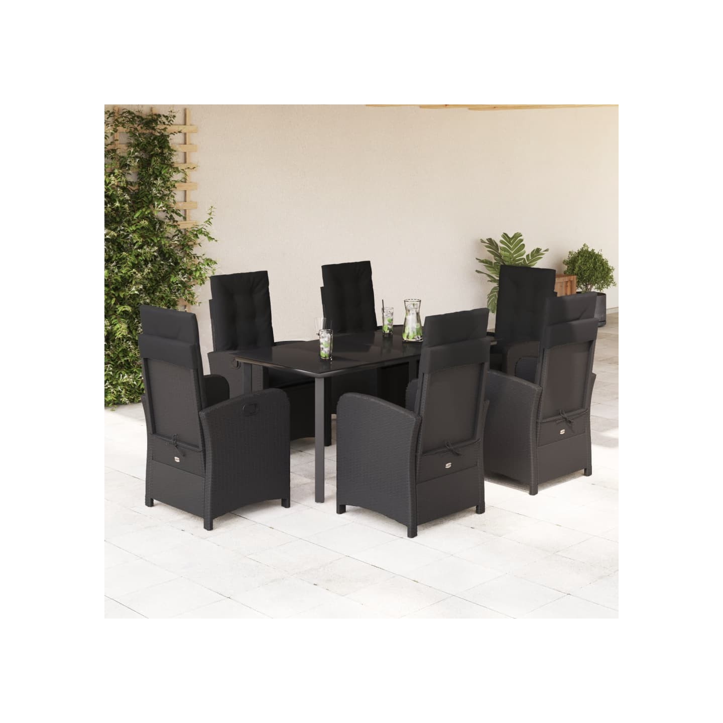 Ensemble à manger de jardin coussins 7pcs Noir Résine tressée