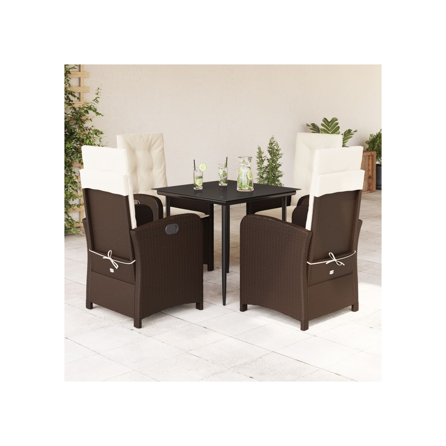 Ensemble à manger de jardin 5 pcs et coussins marron poly rotin