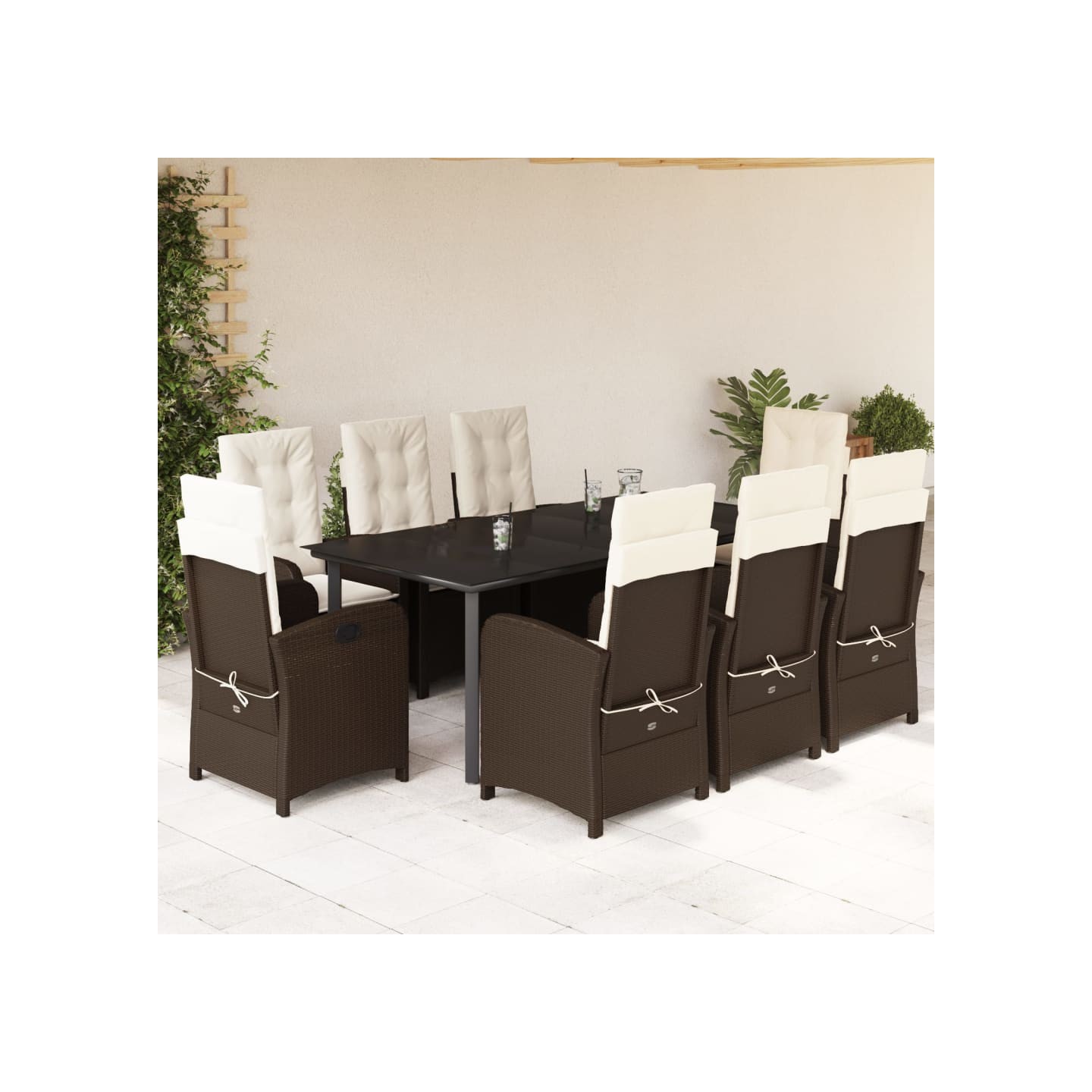 Ensemble à manger de jardin et coussins 9 pcs marron poly rotin