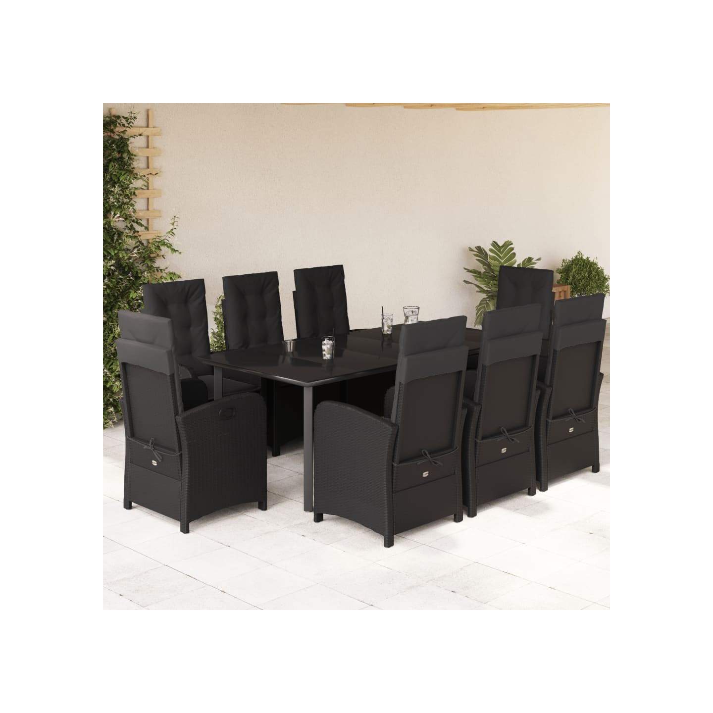 Ensemble à manger de jardin 9pcs coussins noir résine tressée