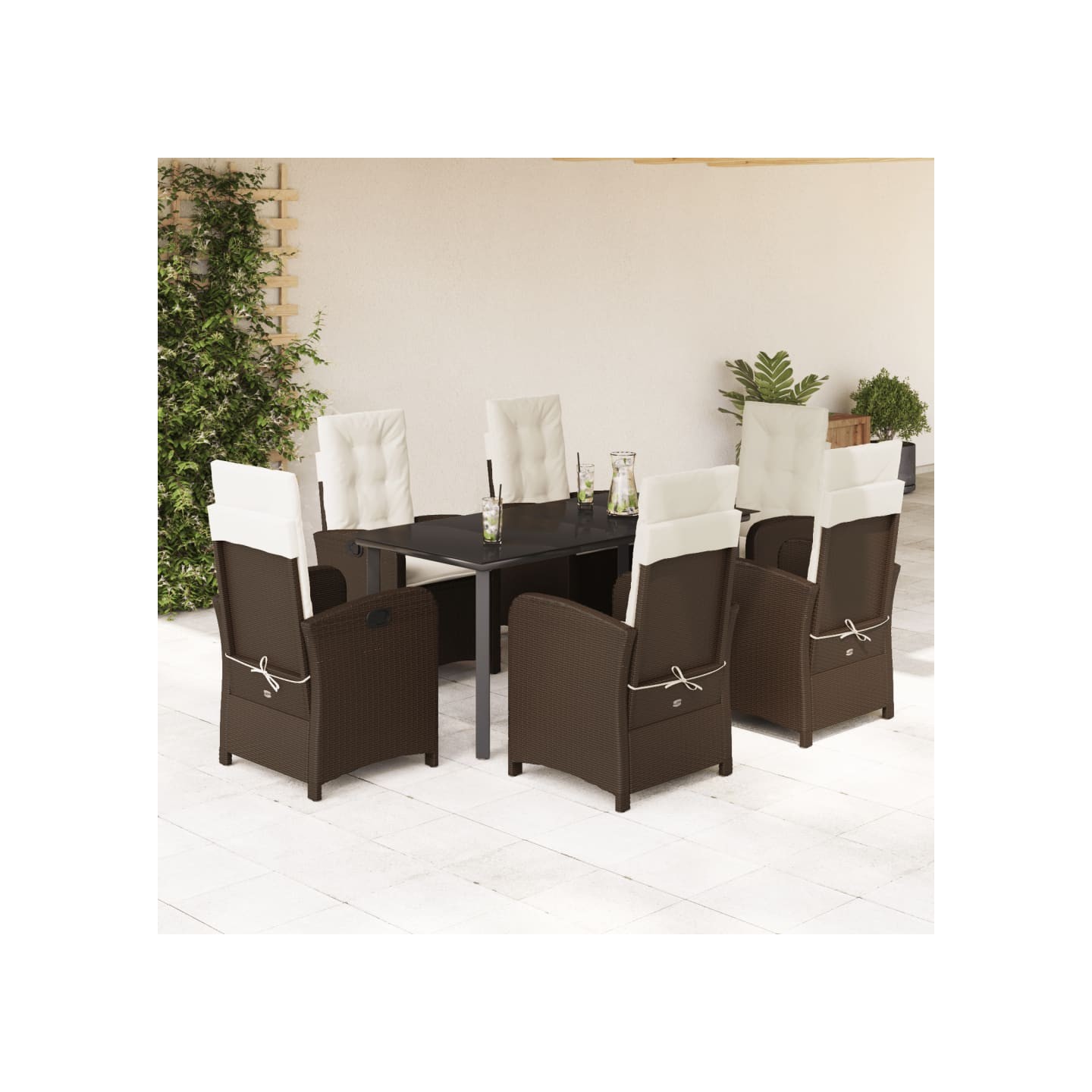 Ensemble à manger de jardin et coussins 7 pcs marron rotin