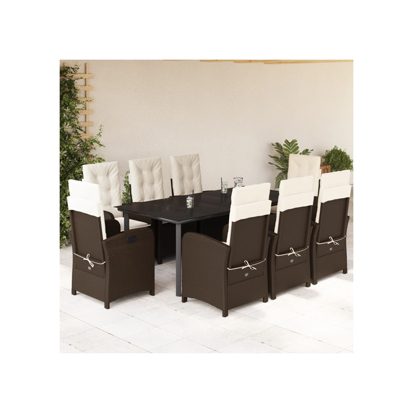 Ensemble à manger de jardin et coussins 9 pcs marron poly rotin