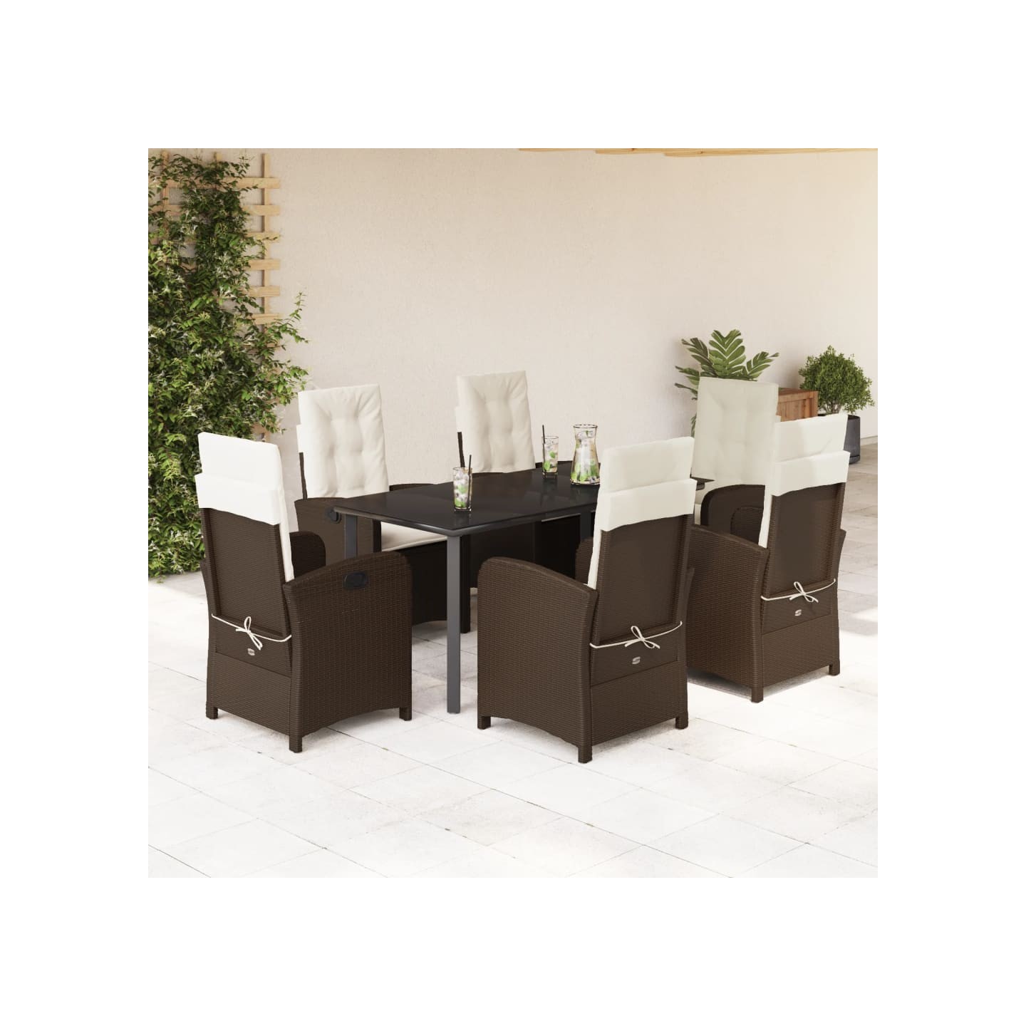 Ensemble à manger de jardin et coussins 7 pcs marron rotin