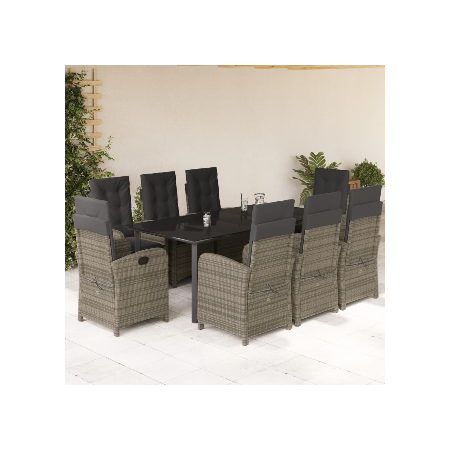 Ensemble à manger de jardin 9 pcs coussins gris résine tressée