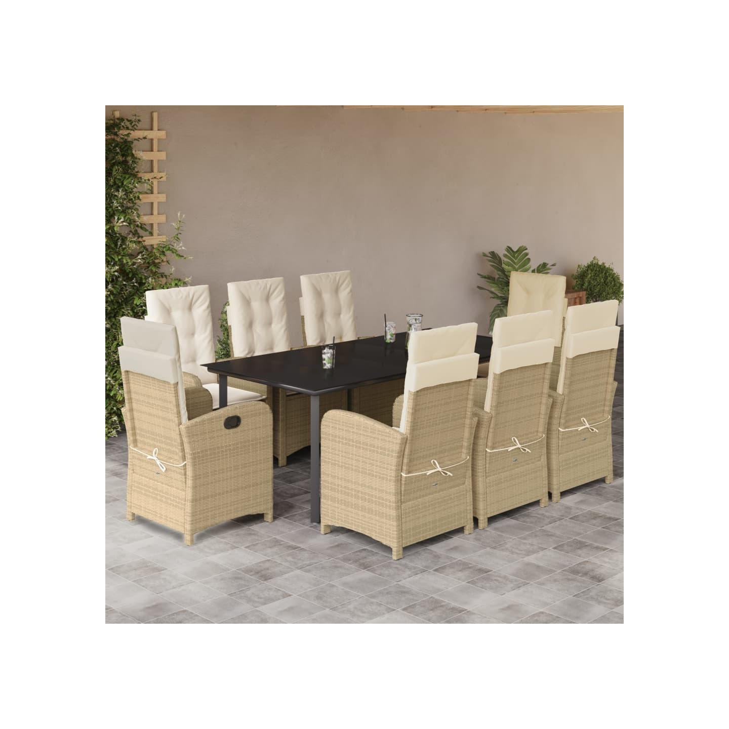 Ensemble à manger de jardin et coussins 9 pcs beige Poly rotin