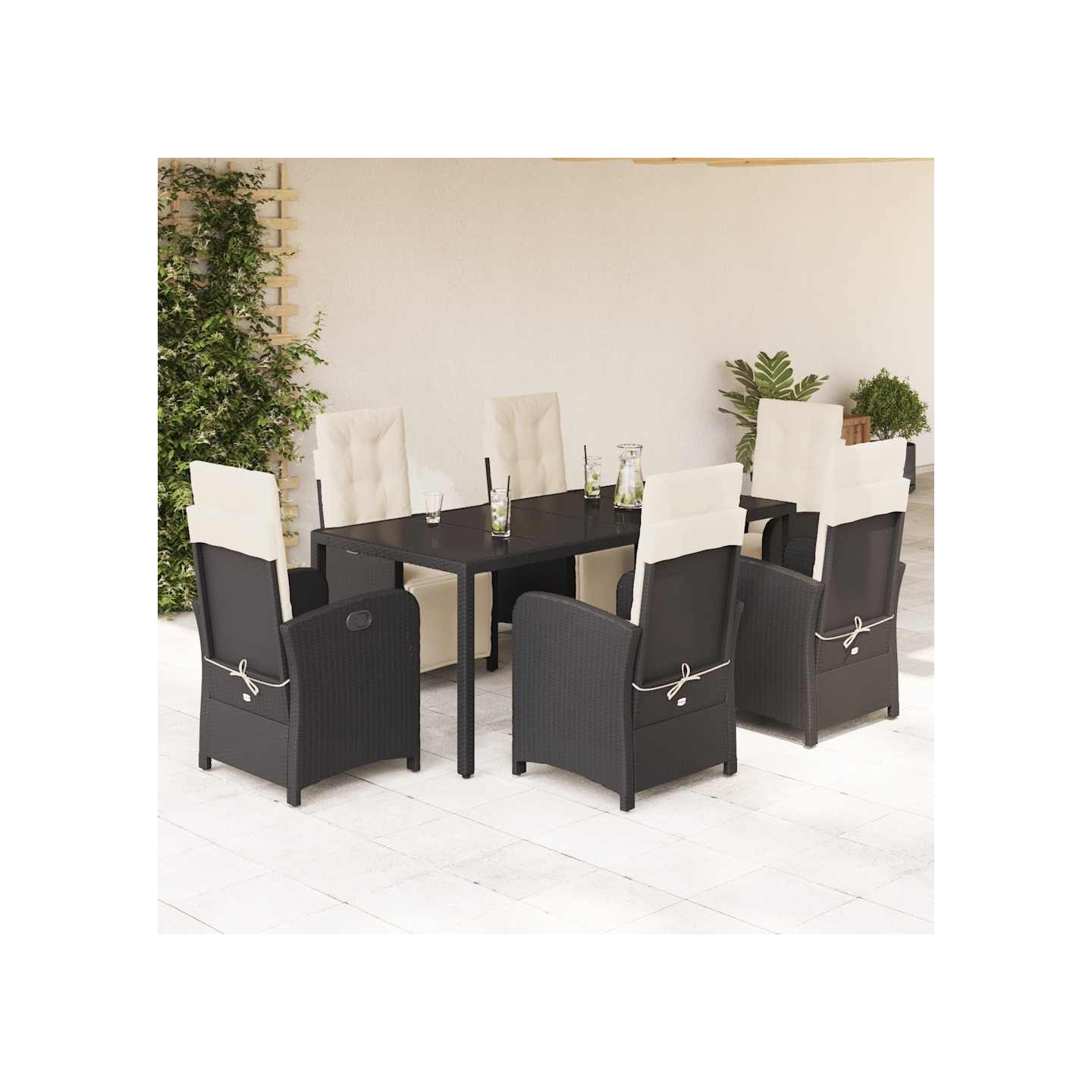 Ensemble à manger de jardin coussins 7pcs Noir Résine tressée