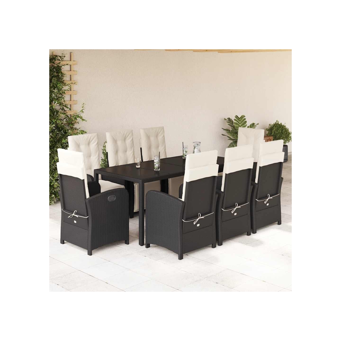 Ensemble à manger de jardin 9pcs coussins noir résine tressée