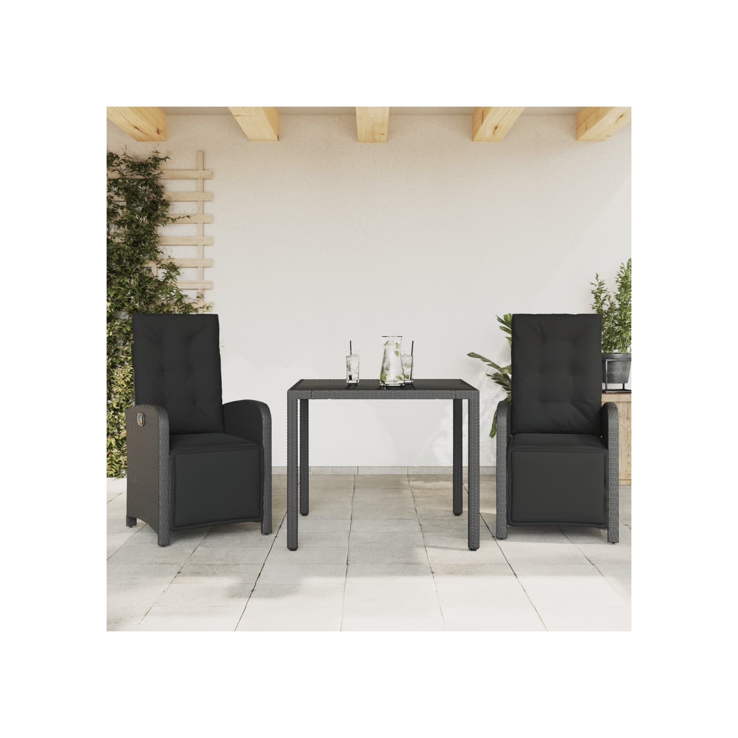 Ensemble de bistro 3 pcs avec coussins noir résine tressée