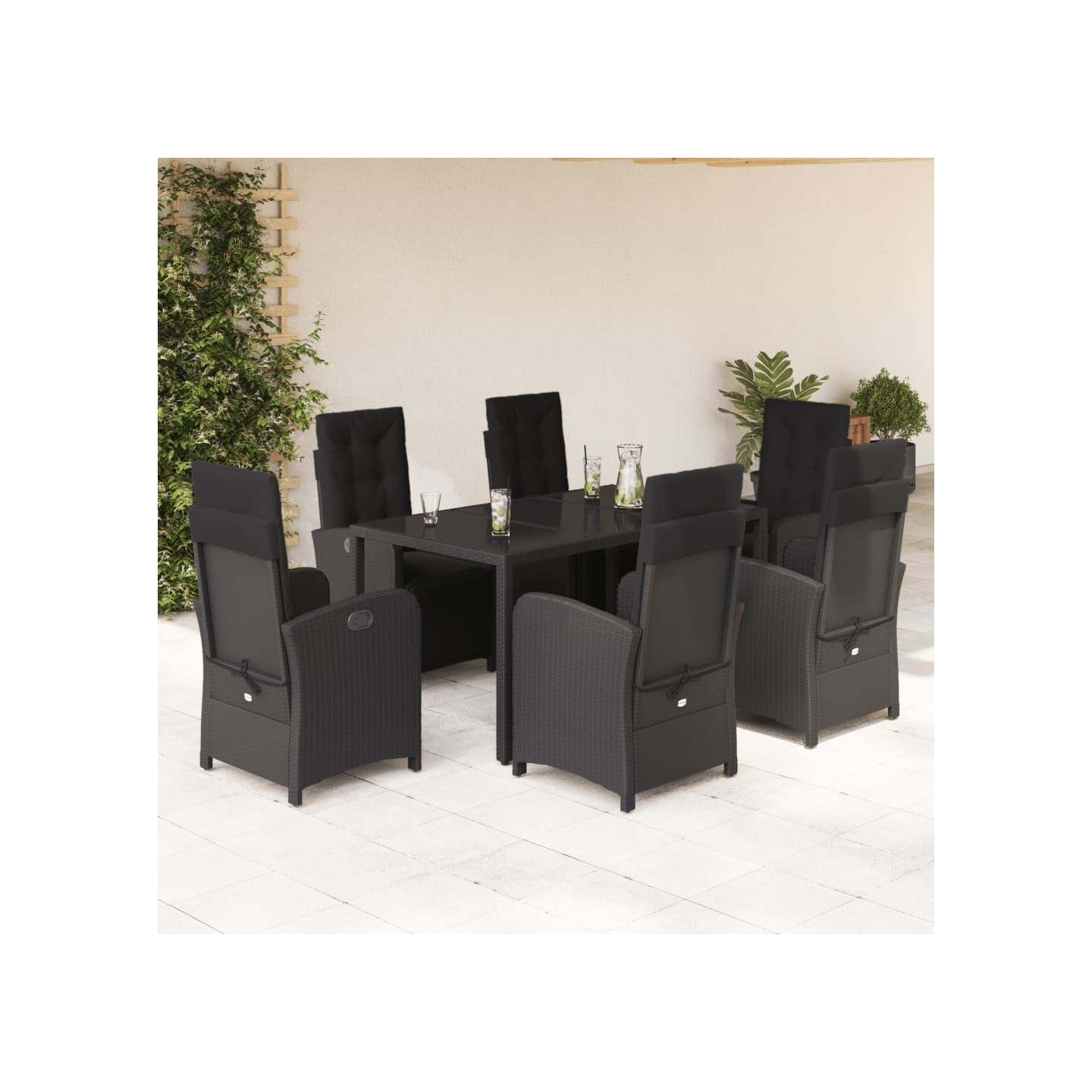 Ensemble à manger de jardin coussins 7pcs Noir Résine tressée