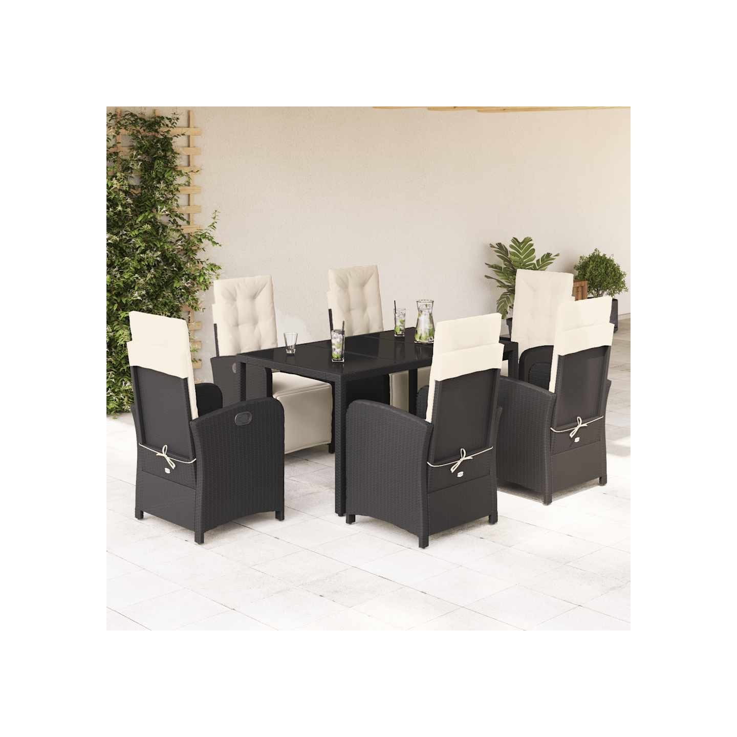 Ensemble à manger de jardin coussins 7pcs Noir Résine tressée