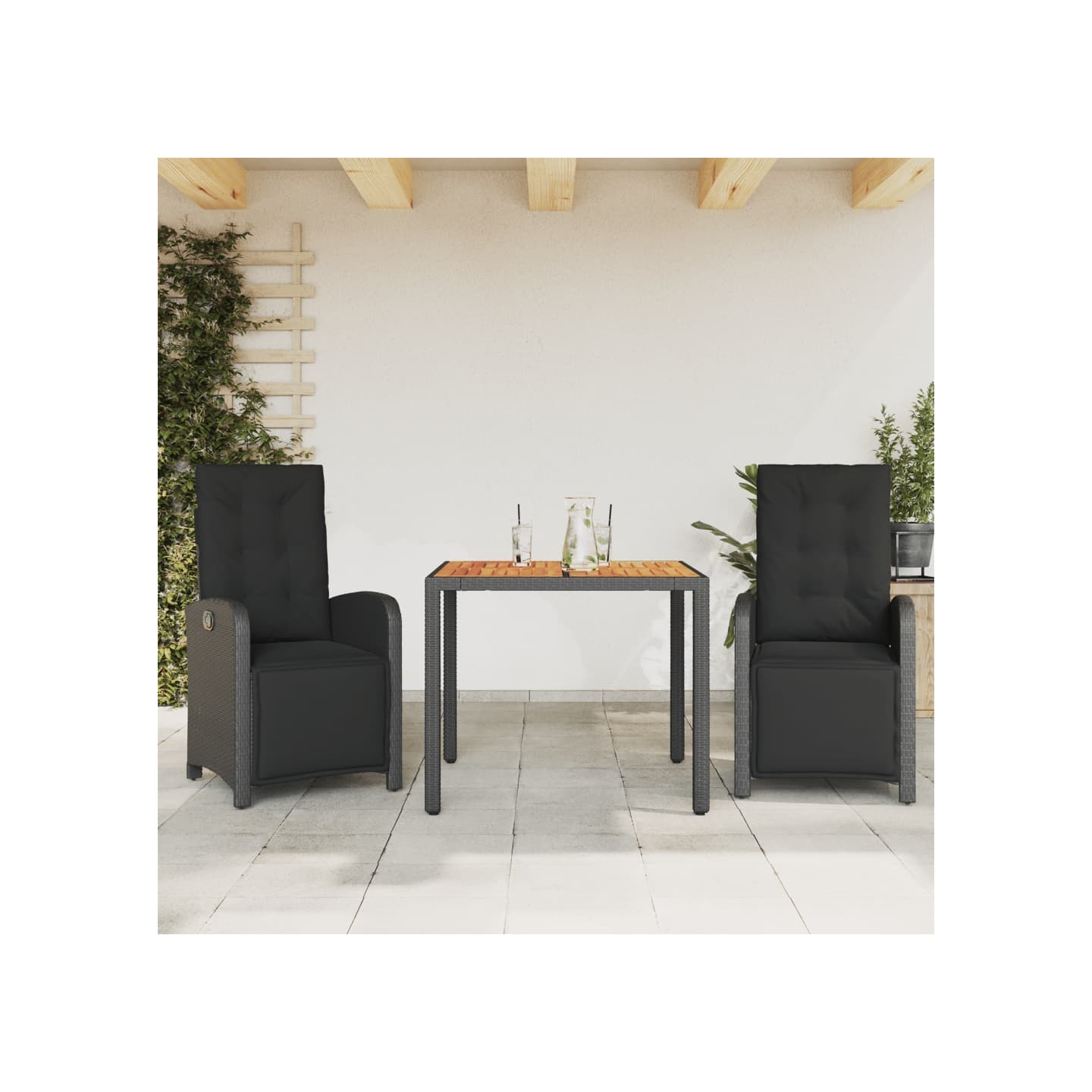 Ensemble de bistro 3 pcs avec coussins noir résine tressée