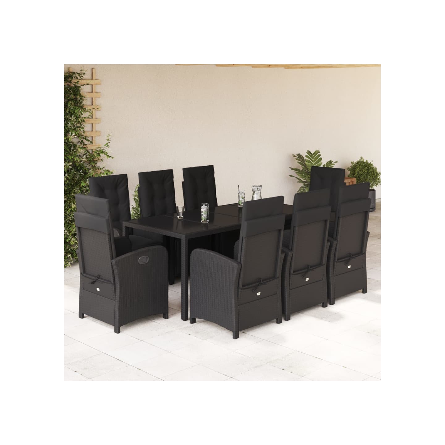 Ensemble à manger de jardin 9pcs coussins noir résine tressée