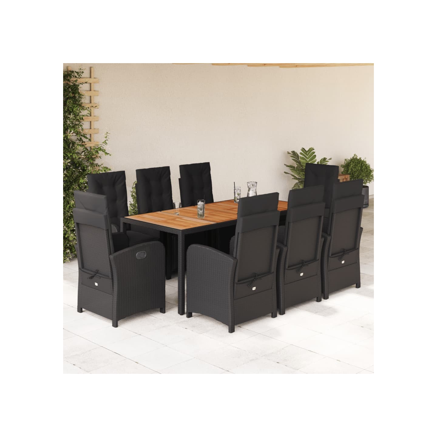 Ensemble à manger de jardin 9pcs coussins noir résine tressée