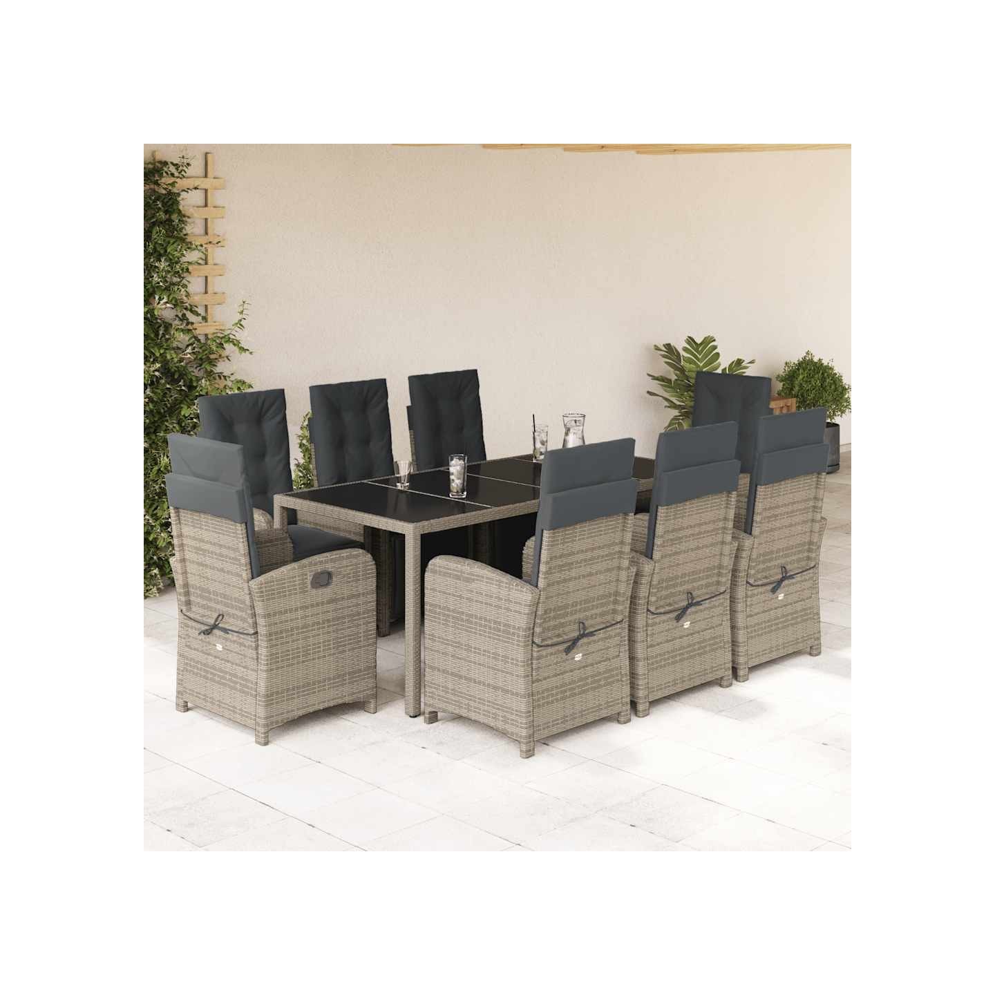 Ensemble à manger de jardin 9 pcs coussins gris résine tressée