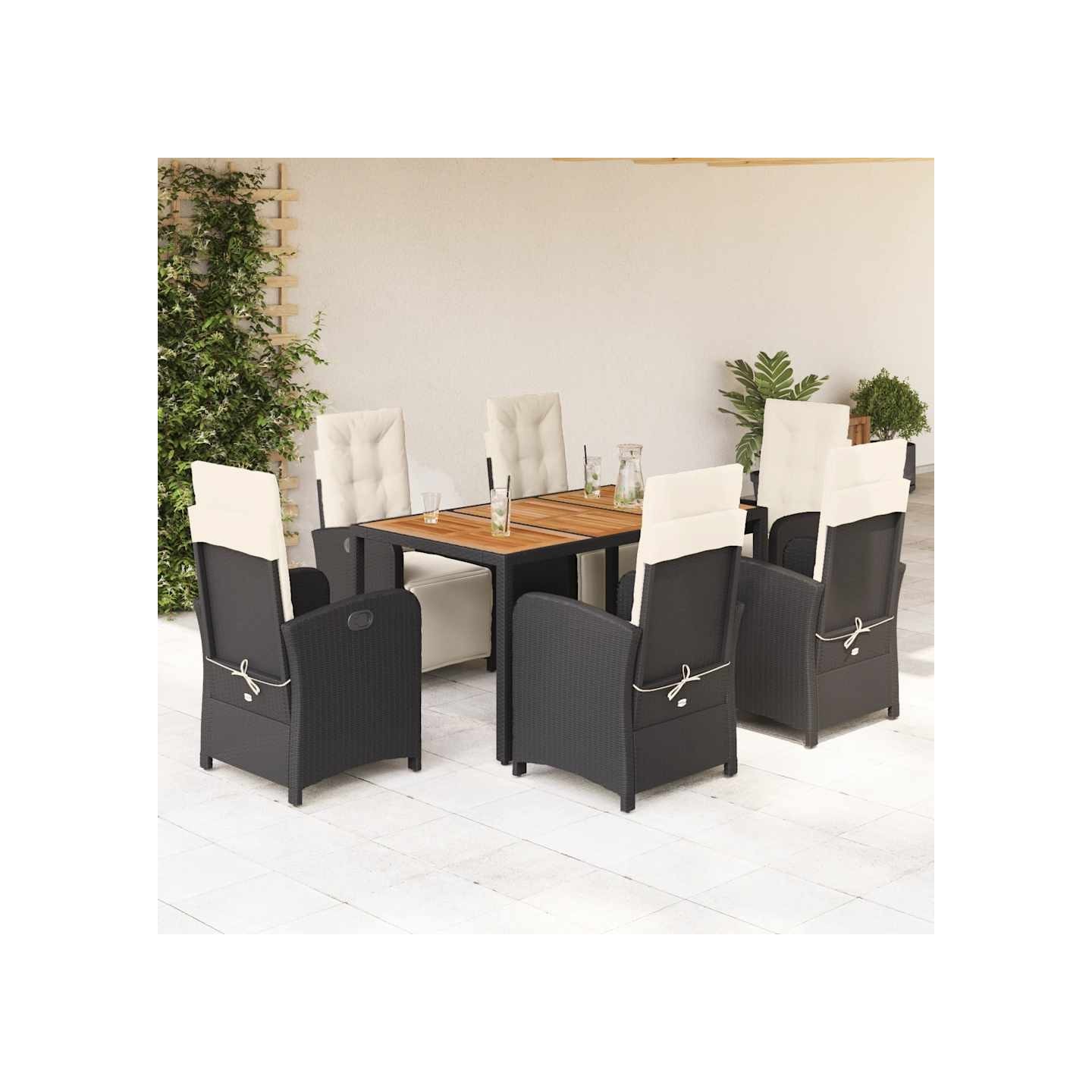 Ensemble à manger de jardin coussins 7pcs Noir Résine tressée