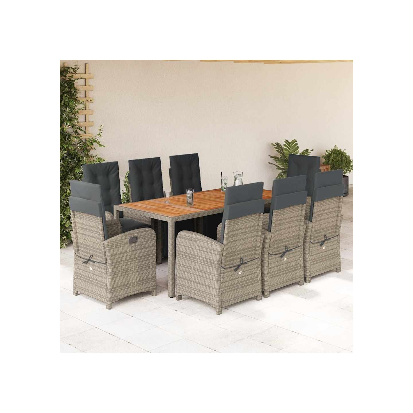 Ensemble à manger de jardin 9 pcs coussins gris résine tressée