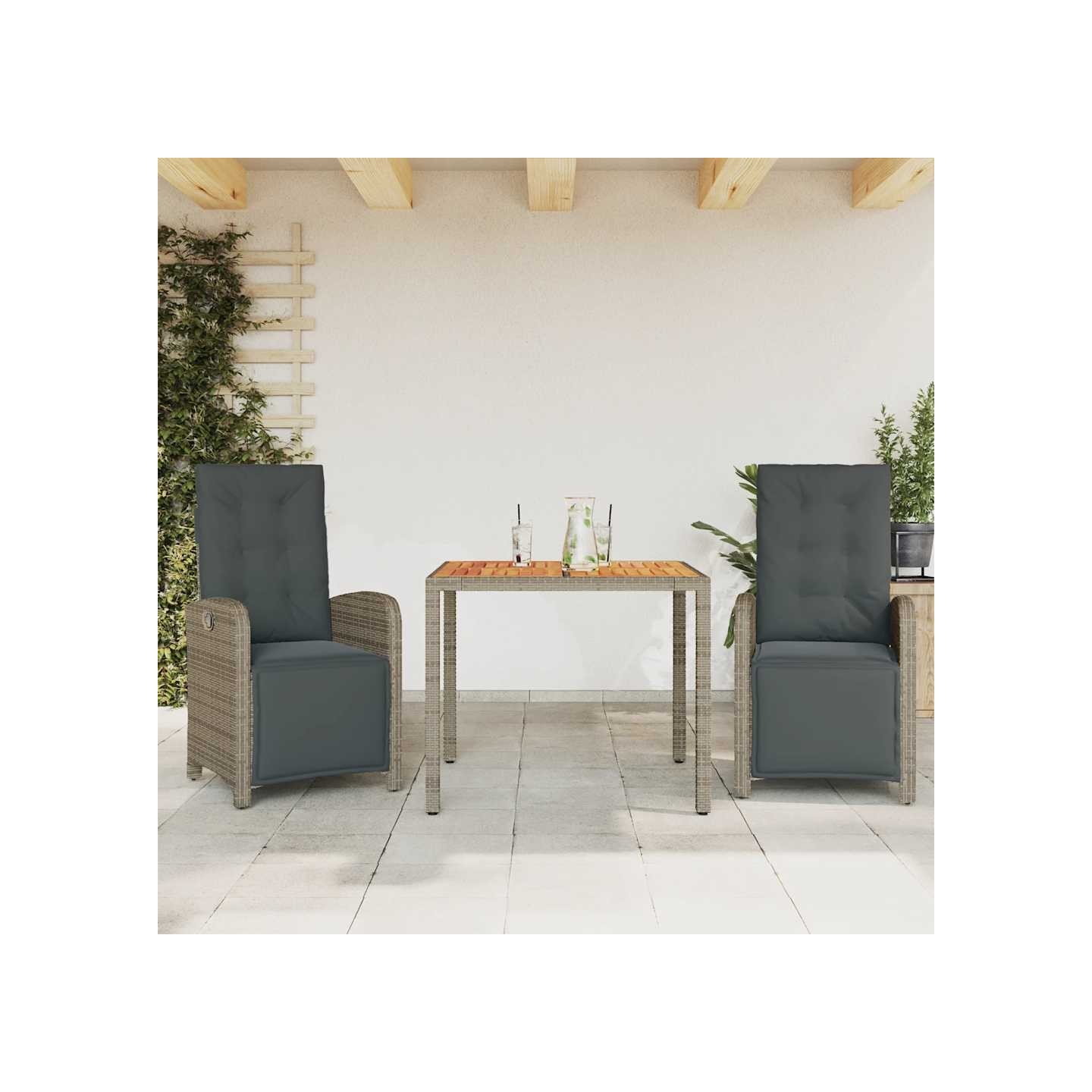 Ensemble de bistro 3 pcs avec coussins gris résine tressée
