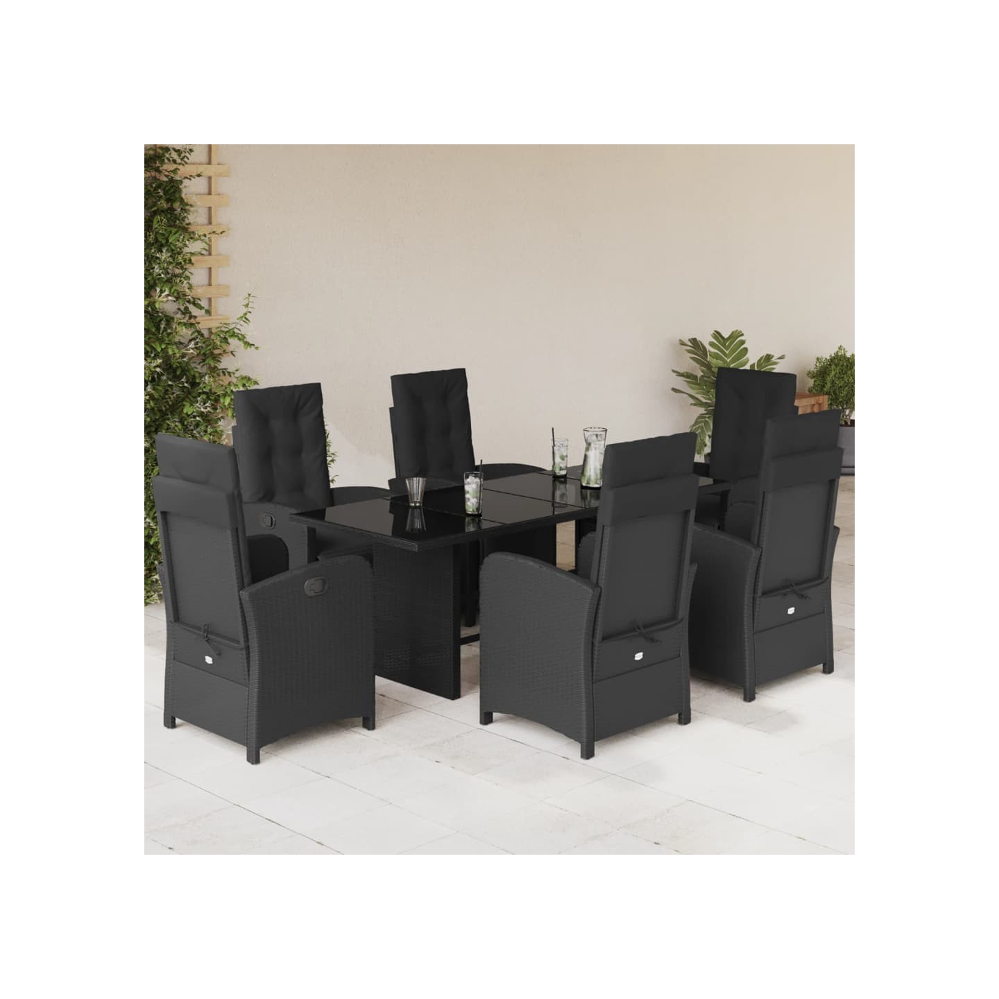 Ensemble à manger de jardin coussins 7pcs Noir Résine tressée