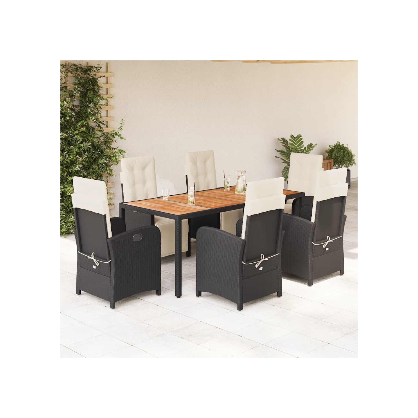 Ensemble à manger de jardin coussins 7pcs Noir Résine tressée