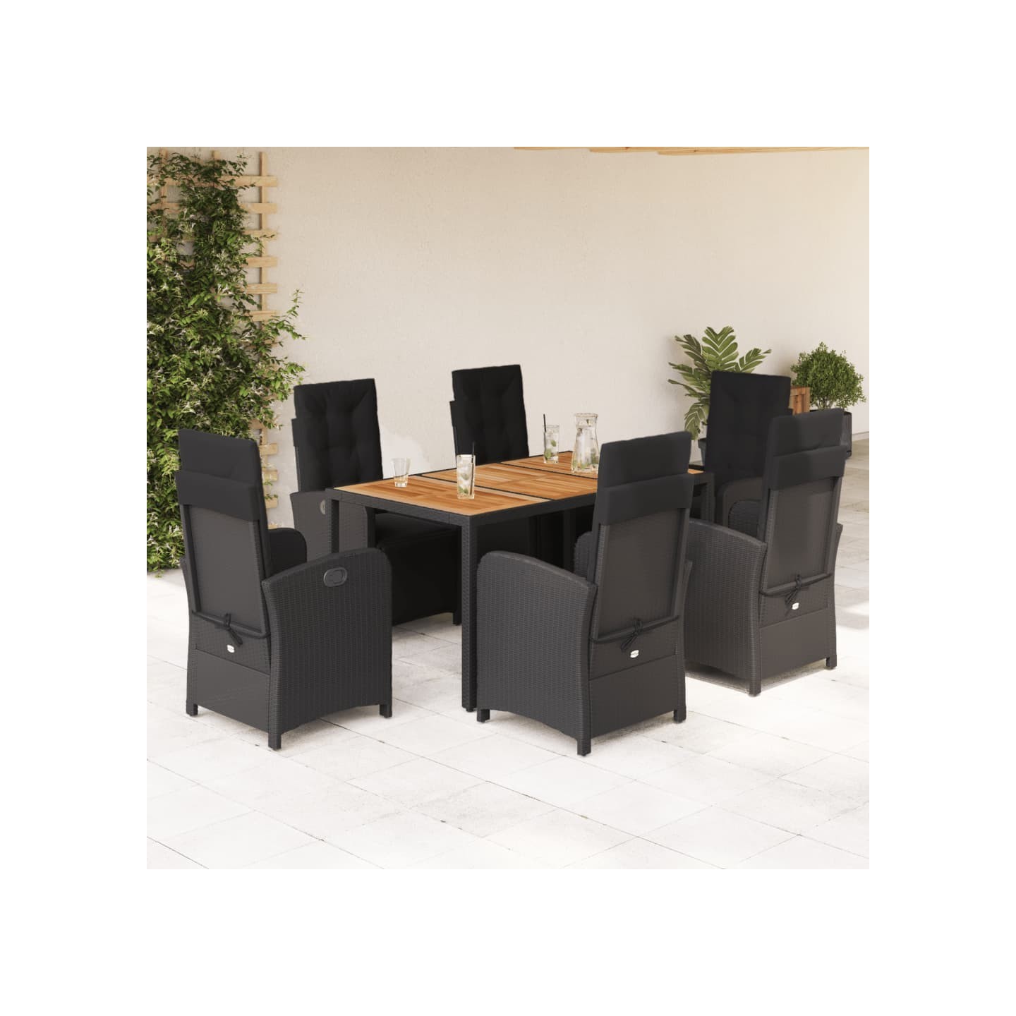 Ensemble à manger de jardin coussins 7pcs Noir Résine tressée