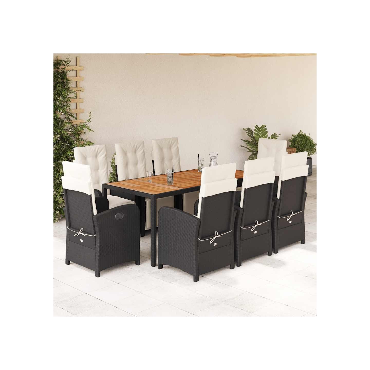 Ensemble à manger de jardin 9pcs coussins noir résine tressée