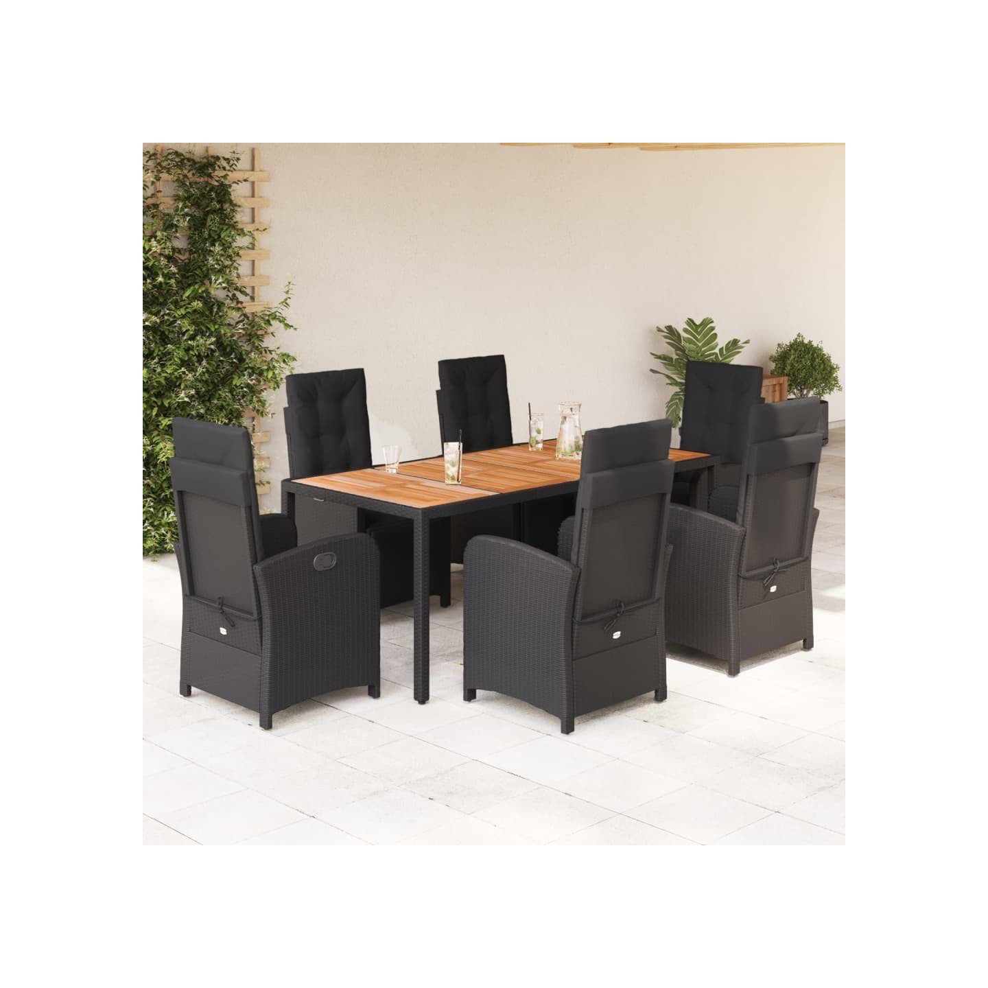 Ensemble à manger de jardin coussins 7pcs Noir Résine tressée