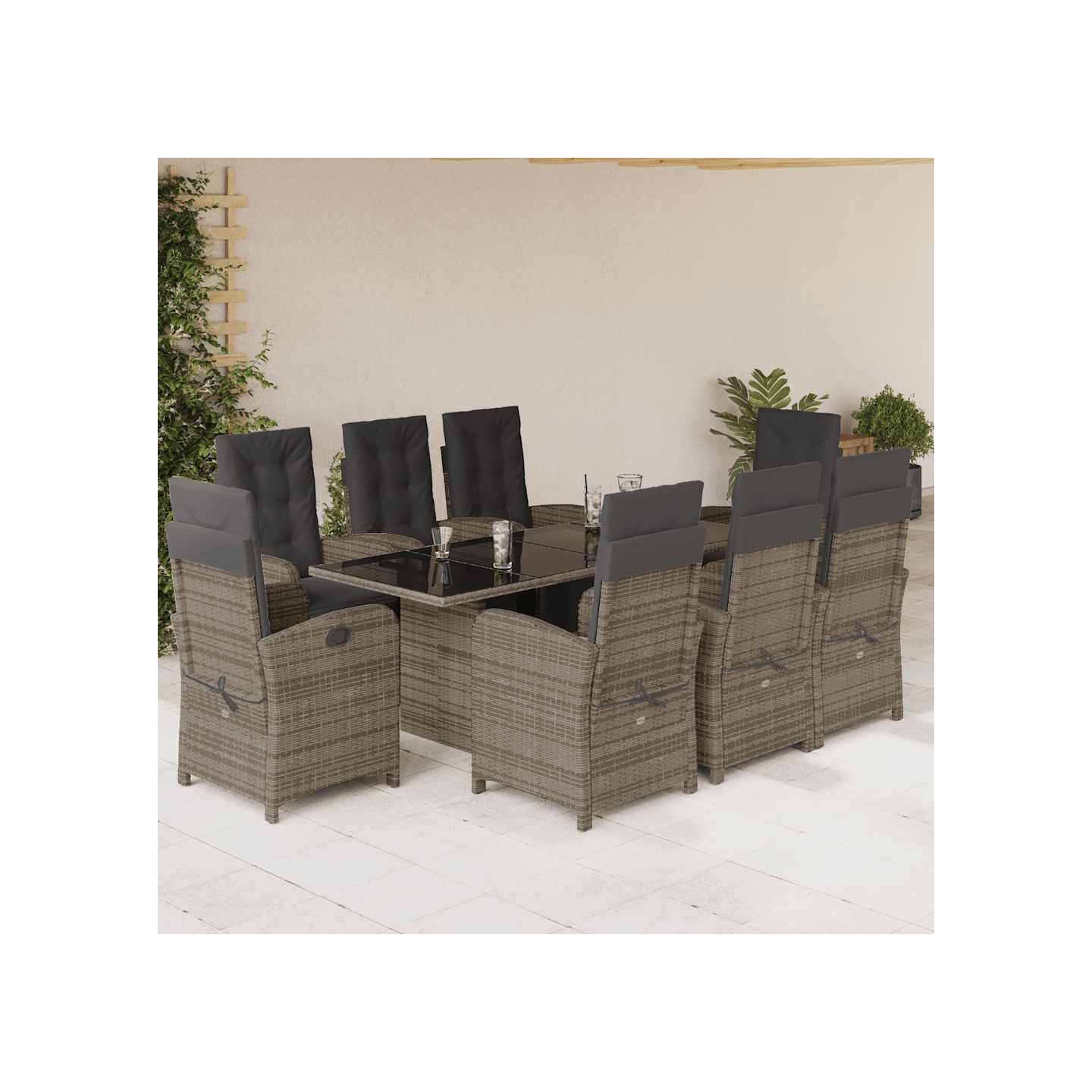 Ensemble à manger de jardin 9 pcs coussins gris résine tressée