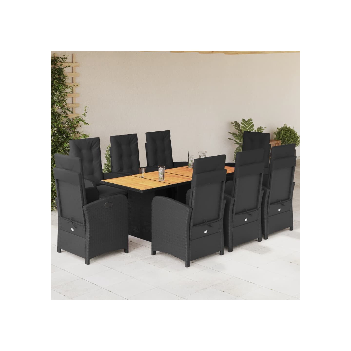 Ensemble à manger de jardin 9pcs coussins noir résine tressée