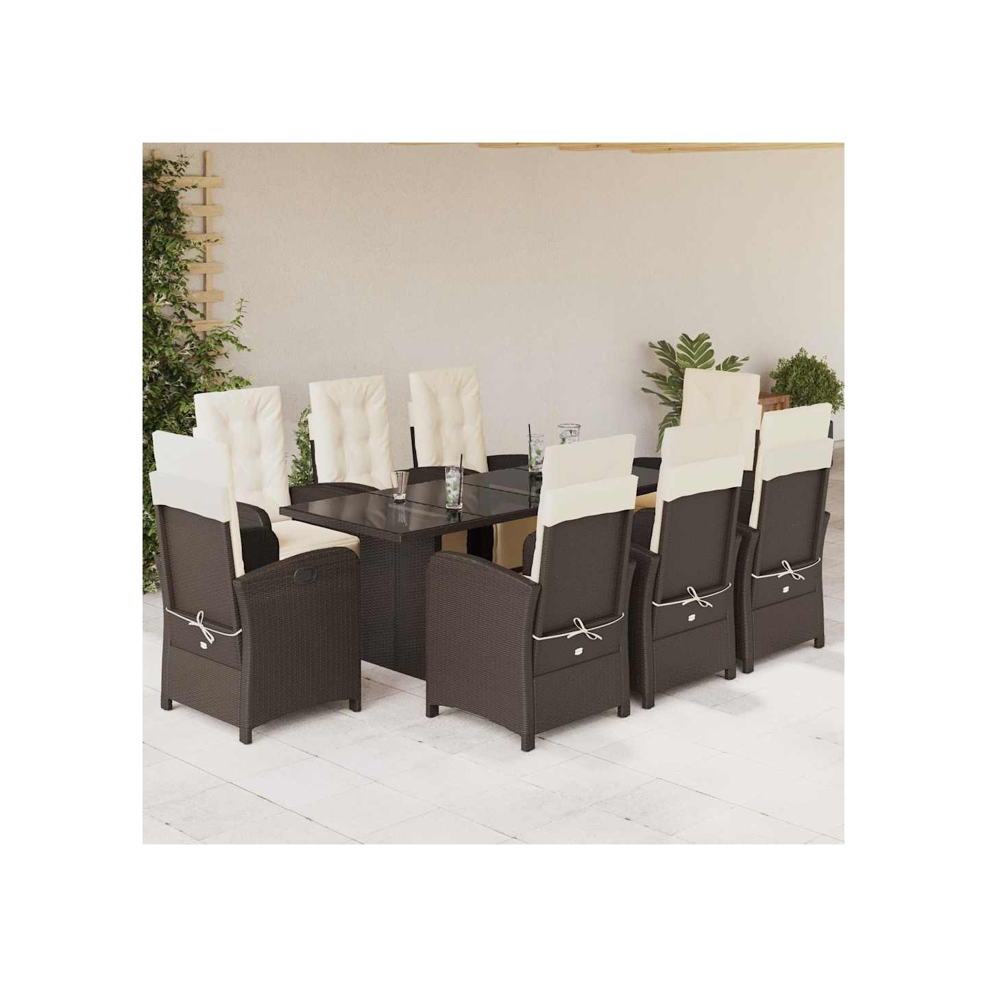Ensemble à manger de jardin et coussins 9 pcs marron poly rotin